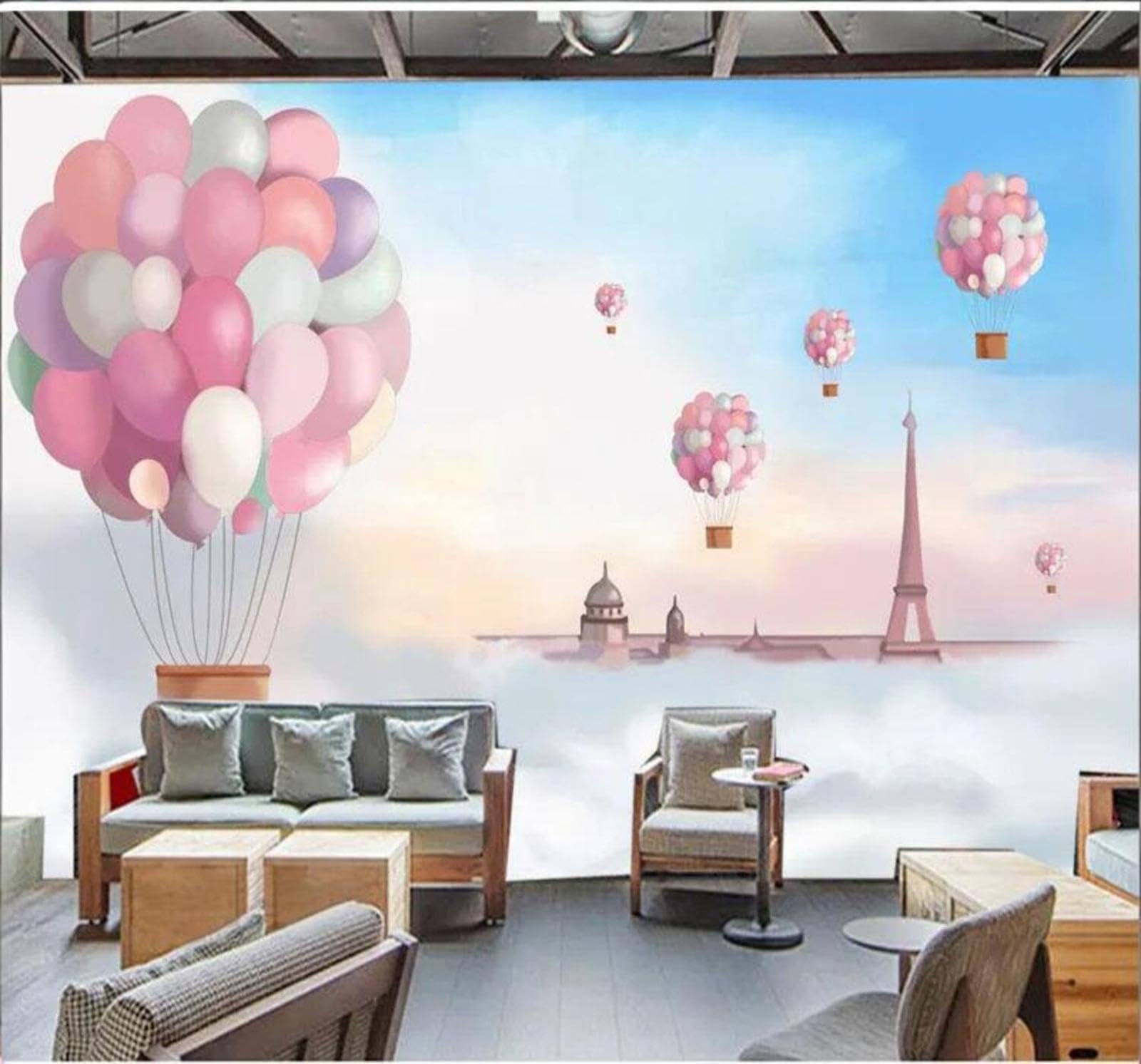 Cartoon Pink Balloons Castle White Clouds 3D Wallpaper Easy Install Feature Office Living Room Sofa Bedroom TV Background Wall Decoration-200cm×140cm
