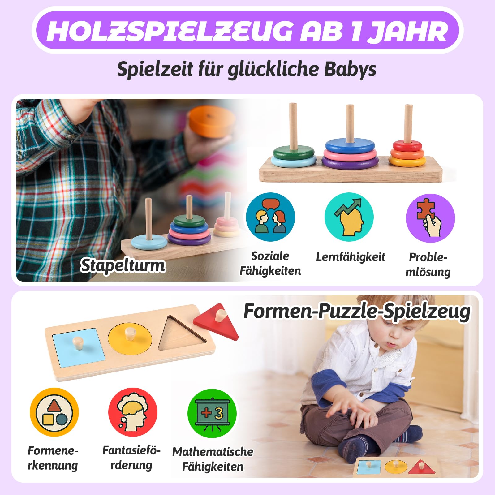 Wooderma Montessori giocattolo in legno a partire da 1 anno