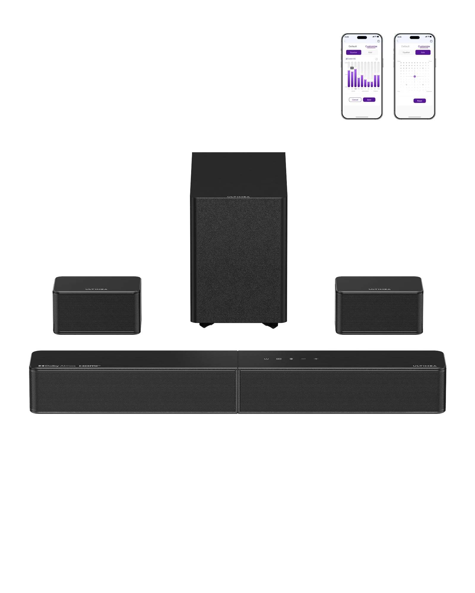 ULTIMEA 5.1 Surround Sound System with Dolby Atmos and Wireless Subwoofer | 312 W de Pico, HDMI eARC, 2 Altavoces Surround con Cable, Bluetooth 6.0, Entrada Óptica, App, TV y Cine en Casa, Poseidon M80