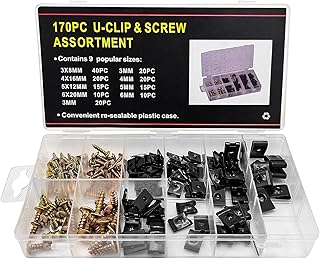 Car U Clip with Screw Assortment Kit, 170PCS Automotive U Nut Screw Clip, Metal Body Panel Clip Fasteners Panel Retainer, 9 Sizes SAE Metal Bumper Retainer Clips for Universal Automotive