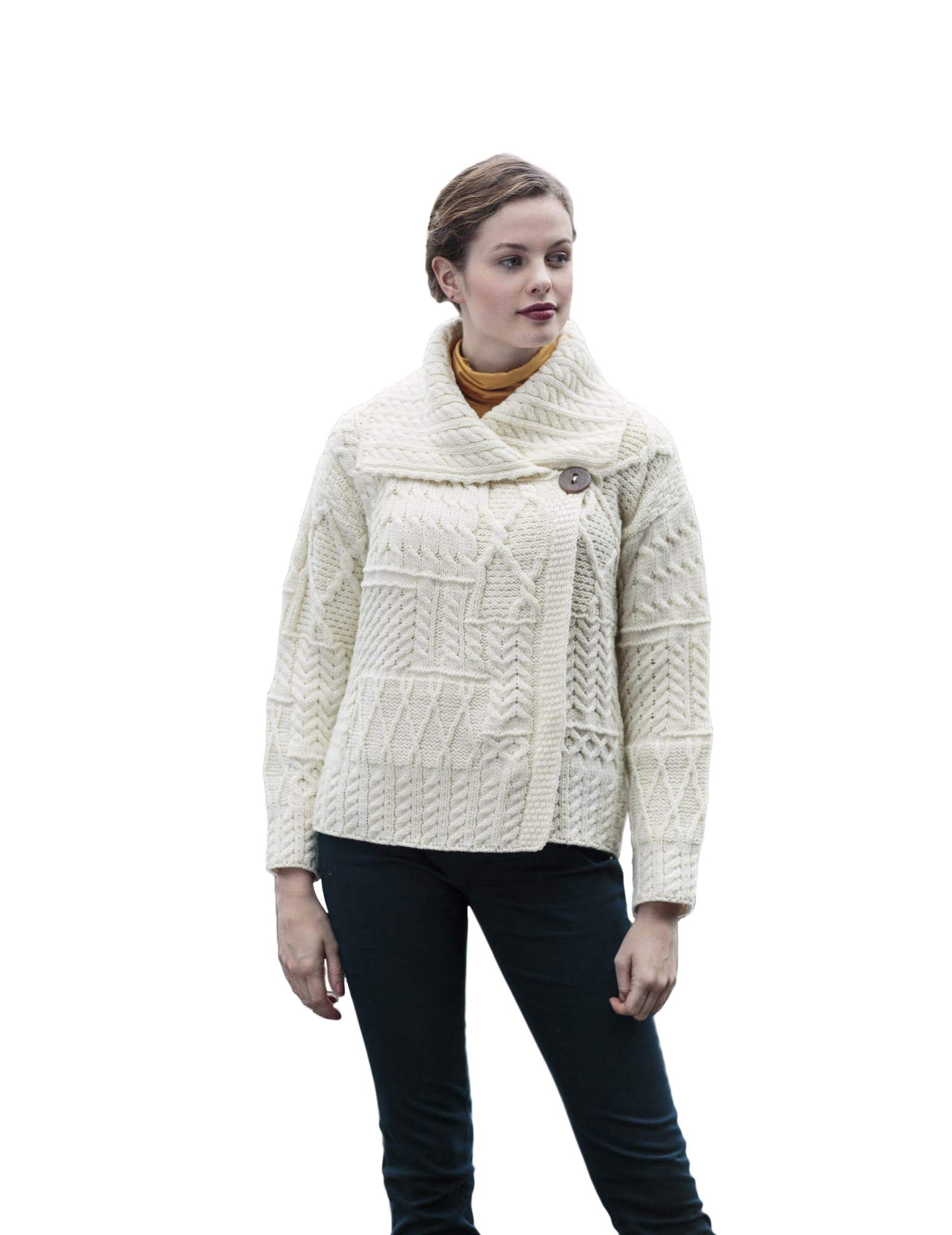 Carraig DonnWhite Patchwork One Button Collar Irish Merino Wool Aran Cardigan Small - Delivery from Ireland within 6-9 Days