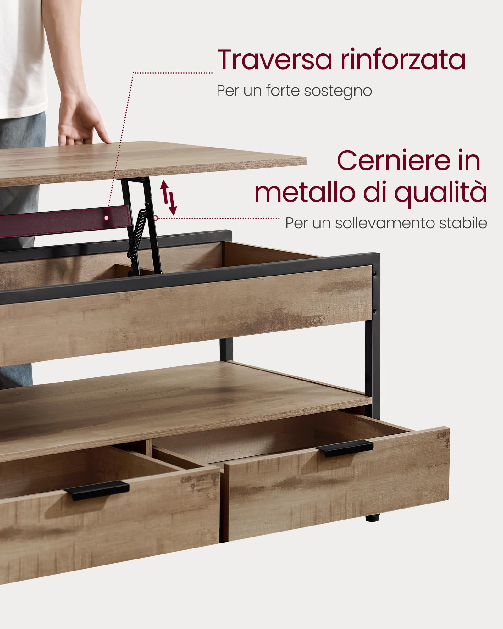 Tavolino Da Caffè Con Piano Rialzabile VASAGLE - 100x50 Cm, Cassetti E Scomparti, Stile Industriale (Marrone/Nero) - Foto 5