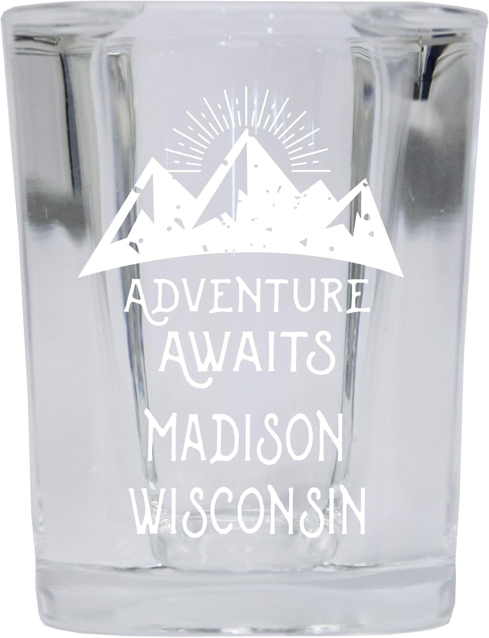 R and R Imports Madison Wisconsin Souvenir Laser Engraved 2 Ounce Square Base Liquor Shot Glass 4-Pack Adventure Awaits Design