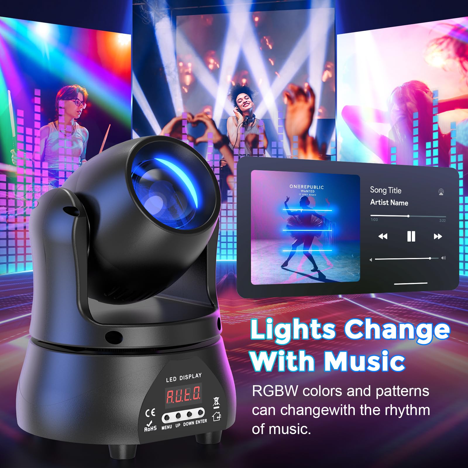 2PCS 70W Teste Mobili Luci Palcoscenico Spot Beam, Luce Discoteca LED RGBW DMX512 Gioco di Luce Serata Controllo Vocale Luce di Festa per Club Bar Halloween DJ