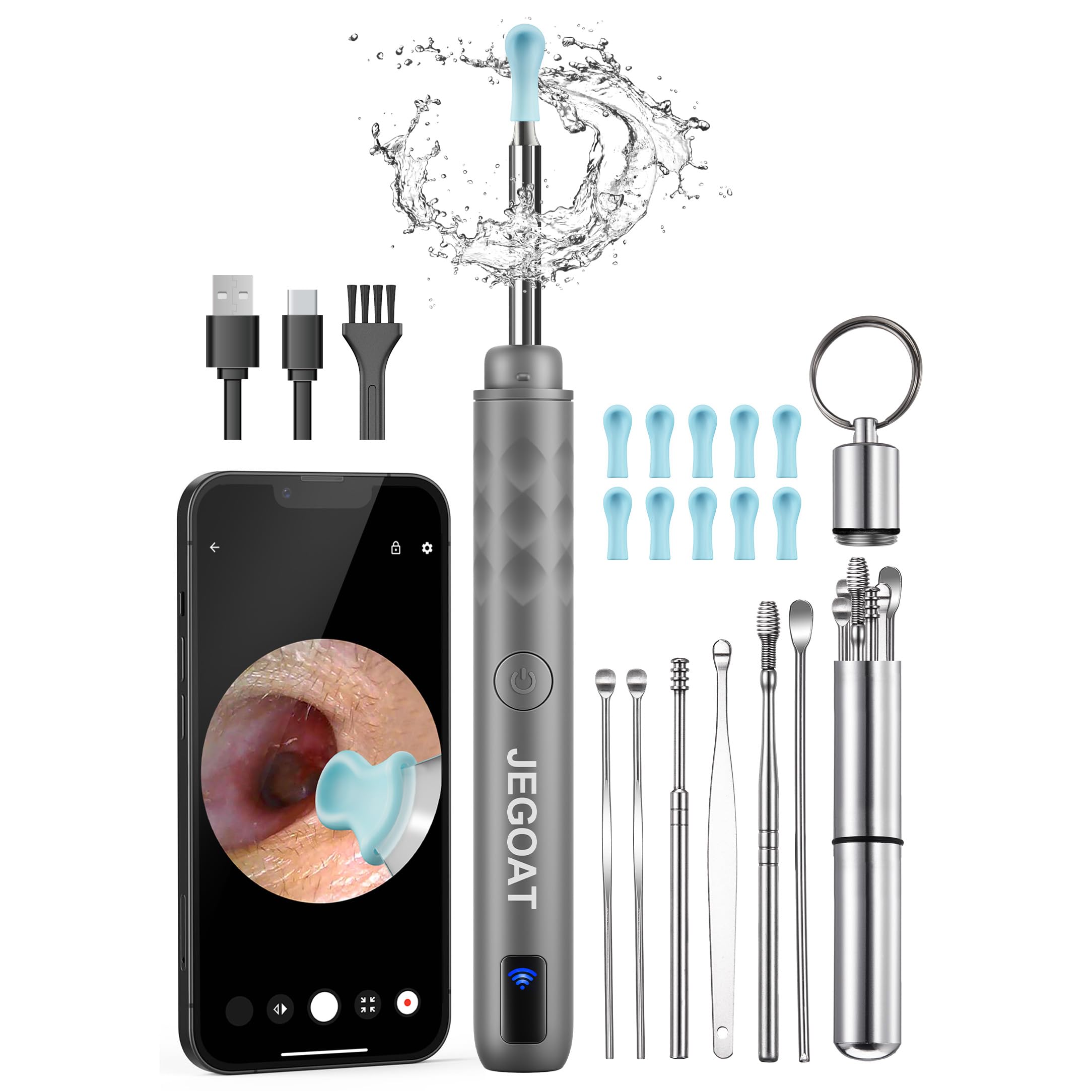 Ear Wax Removal, Ear Wax Removal Tool with 1080P HD Camera and 6 LED Lights, Ear Cleaner with 10 Ear Pick, Upgrade Ear Wax Removal Tool for iOS and Android, Deep Grey | Soft silicone ear scoops, IP67 waterproof lens, WiFi for iOS &amp; Android, rechargeable, multi-use health inspection, Deep Grey