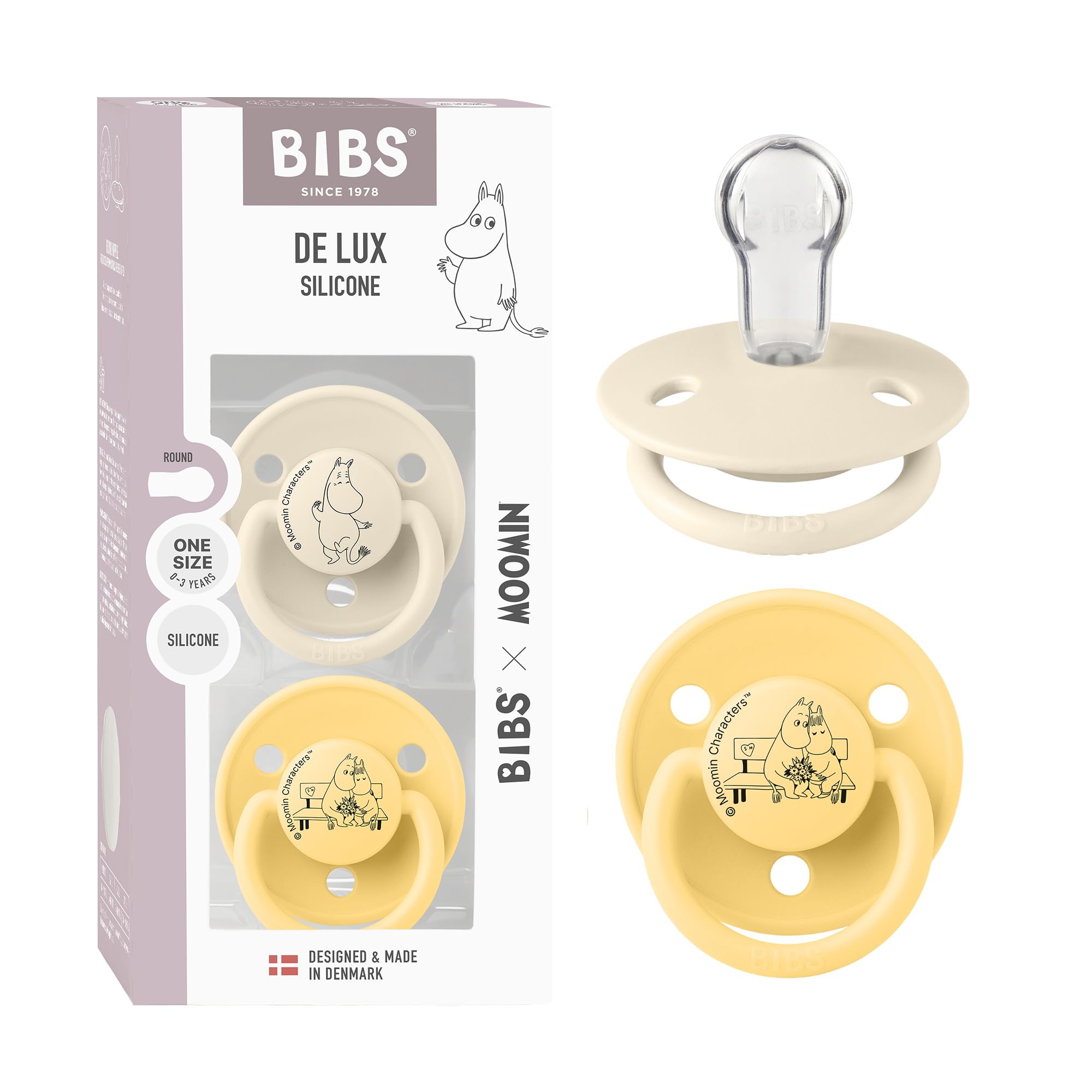 Moomin x BIBS De Lux Dummy, 0+ Months, 2-Pack, Round, Ivory/Pale Butter