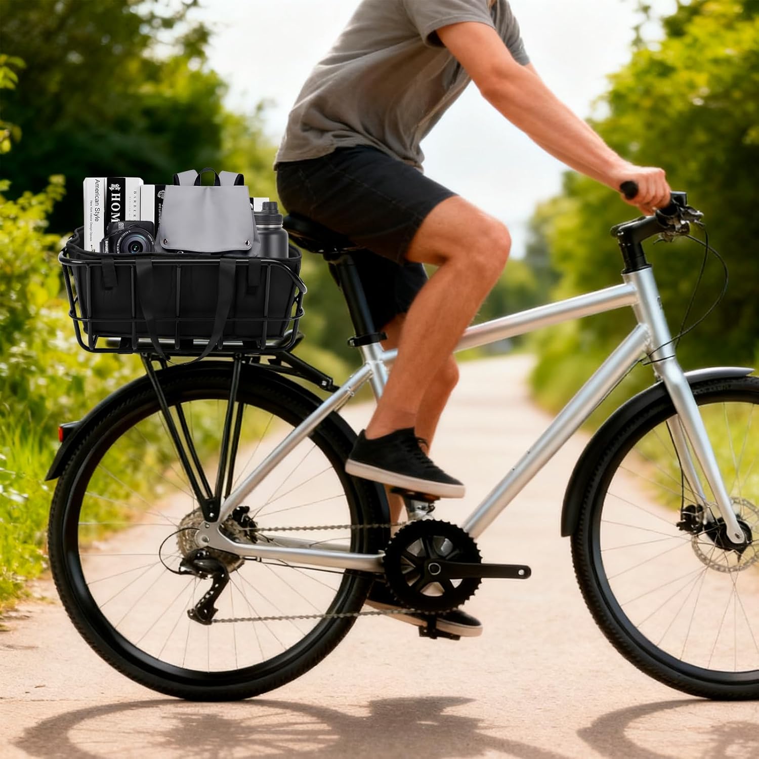 Bike Basket Rear Rack Bike Basket with Cargo Net and Liner Large Bicycle Basket Heavy Duty Bicycle Rear Basket with Liner Waterproof Cover Cargo Net