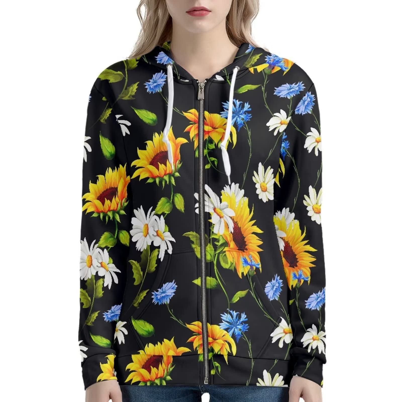 Xoenoiee Damskie bluzy z kapturem z kieszeniami, długi rękaw, kurtka z kapturem, zamek błyskawiczny, dziewczęca, oversize, odzież uliczna, Słonecznik i stokrotka, S