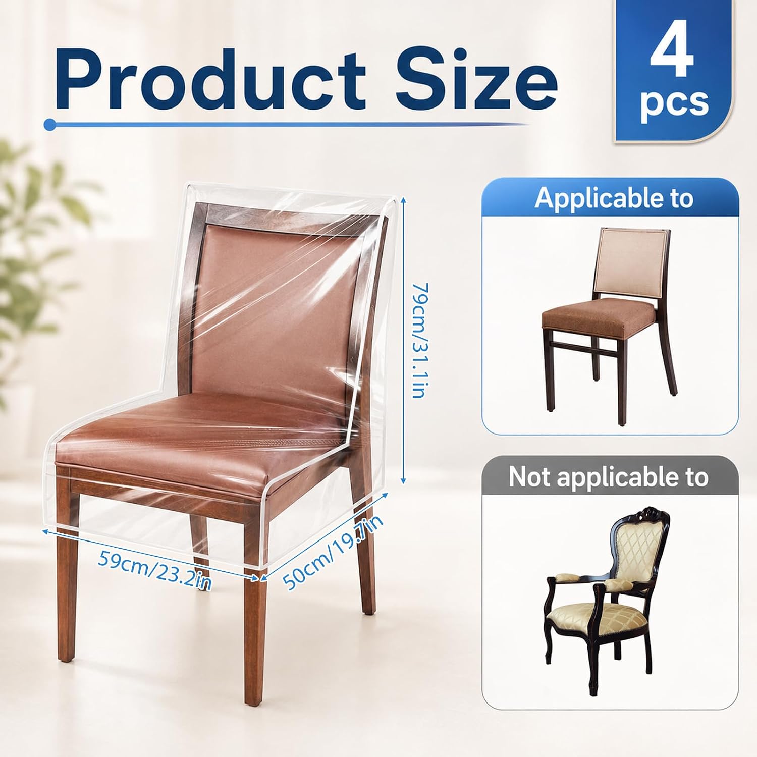 4Pack Plastic Dining Chair Covers Clear PVC Seat Chair Protector Waterproof