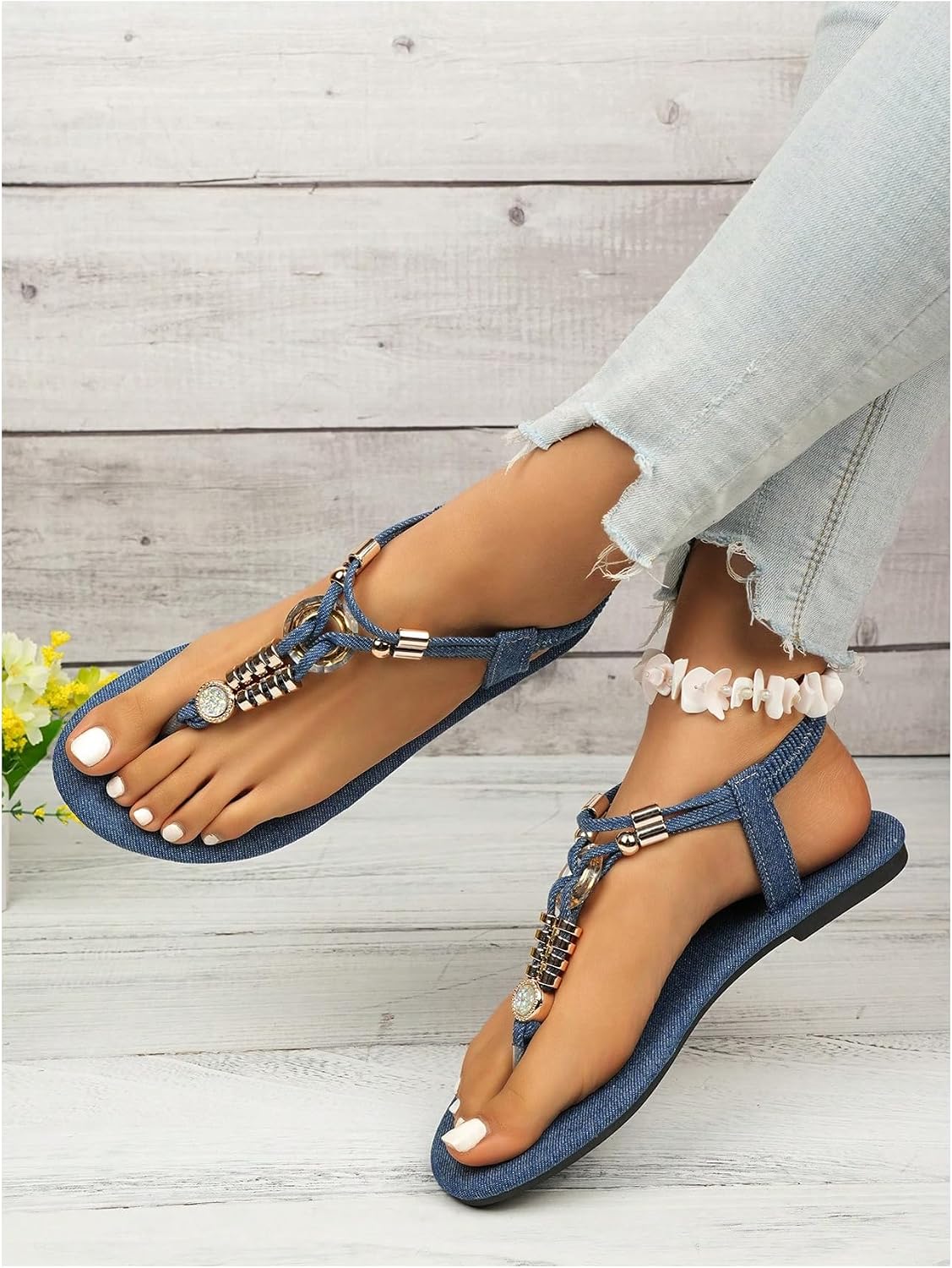 GORGLITTER Women's Rhinestone Jean Flip Flops Elastic Ankle Strap Denim Sandals Ring Open Toe T Strap Beach Thong Sandals