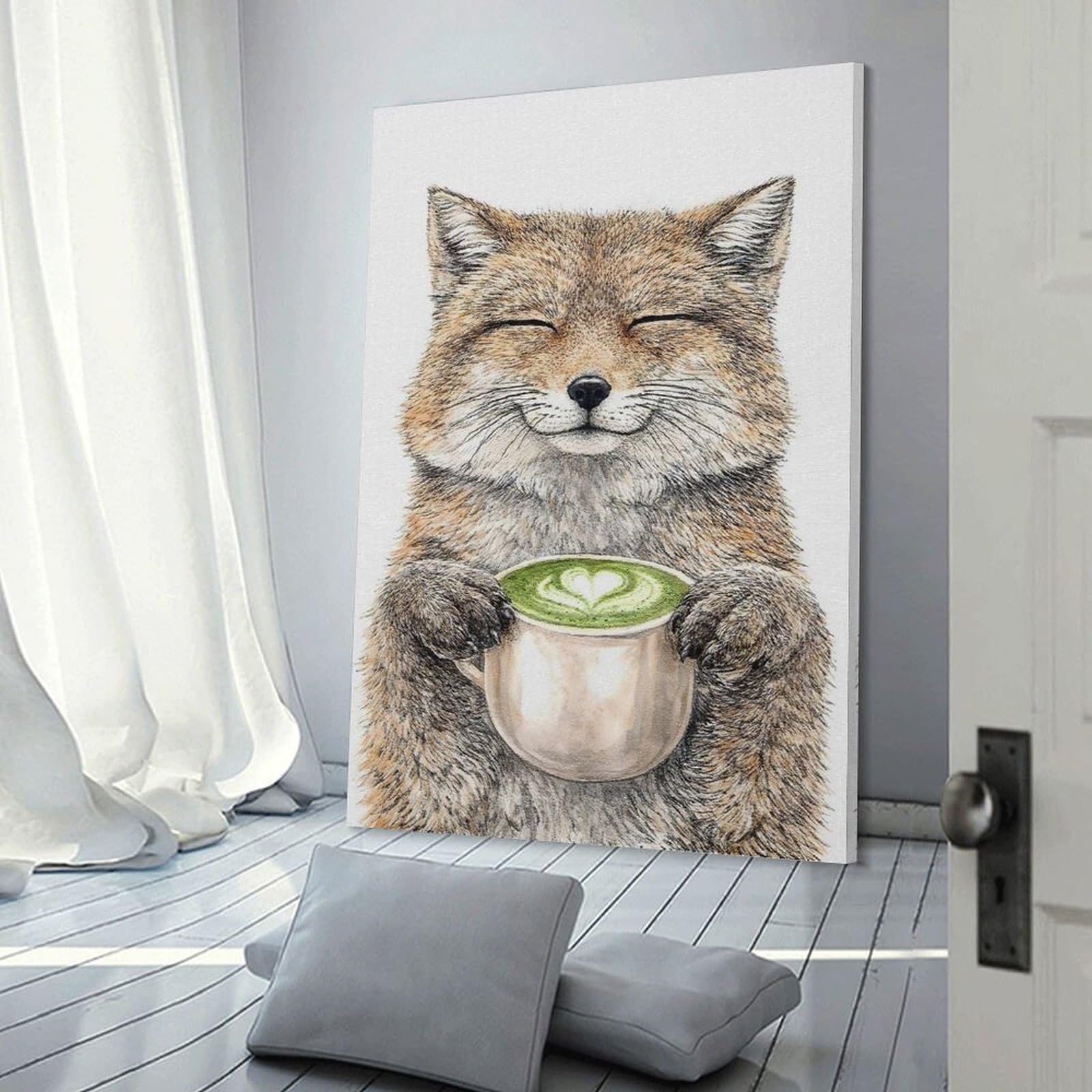 Junmoney Frame-Style-15 Wall Picture Print Fox Holding Matcha Latte, 24X36inch(60X90cm), For Apartments, Flats Or New Home Decor, A Simple Refresh For Blank Walls