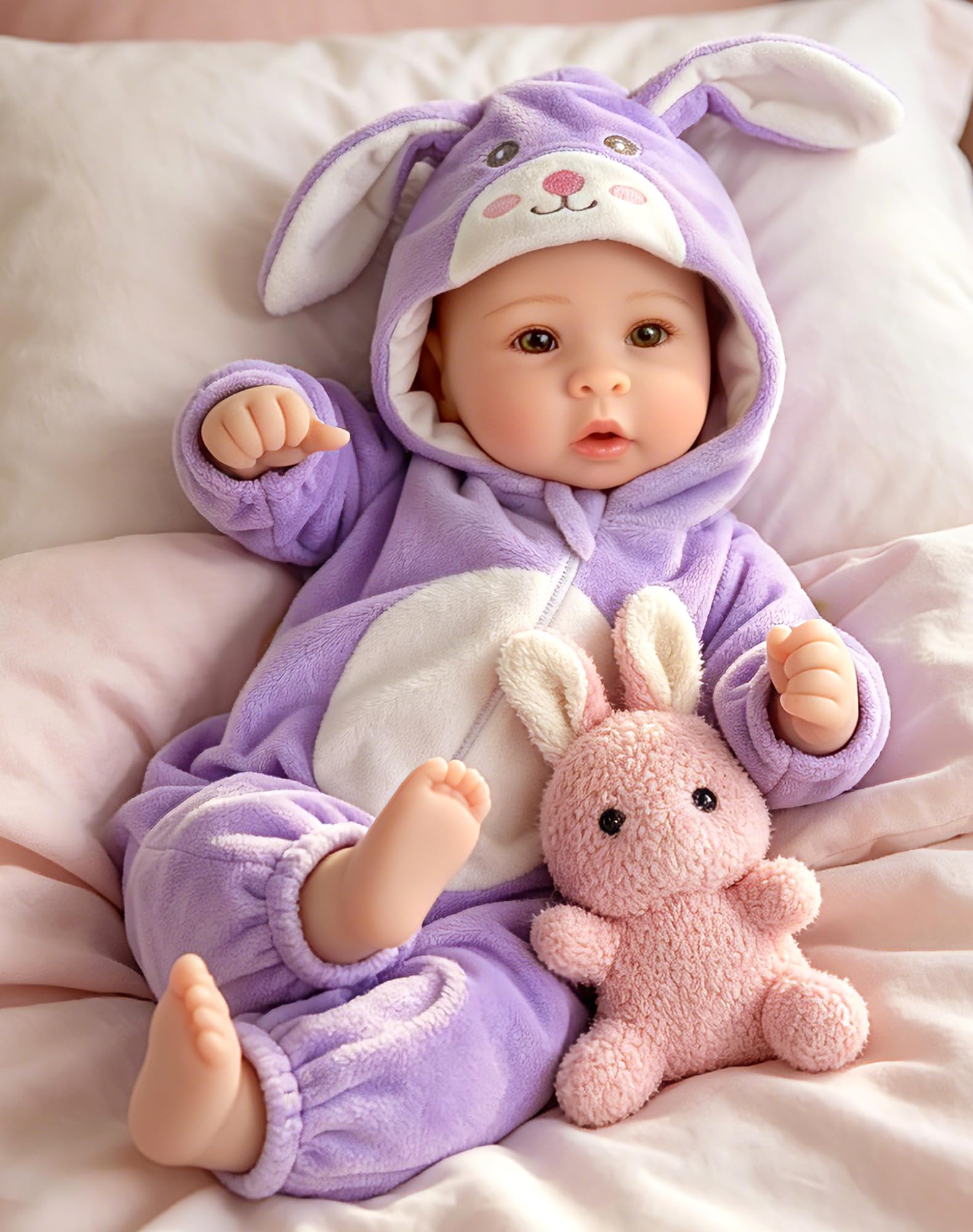 Photo 1 of Aori Real Baby Dolls - 17 Inch Realistic Baby Doll with Soft Body & Purple Bunny Outfits for Girls 3+ Pretend Play, Dress Up, Nursery Decor