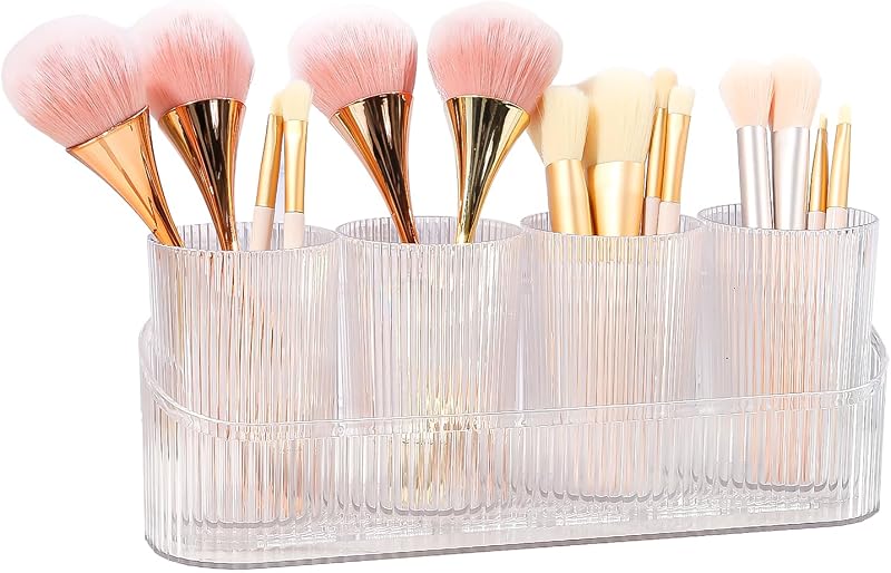 Organizador de pincéis de maquiagem DASITON com 4 compartimentos, acabamento texturizado, Clear+Clear