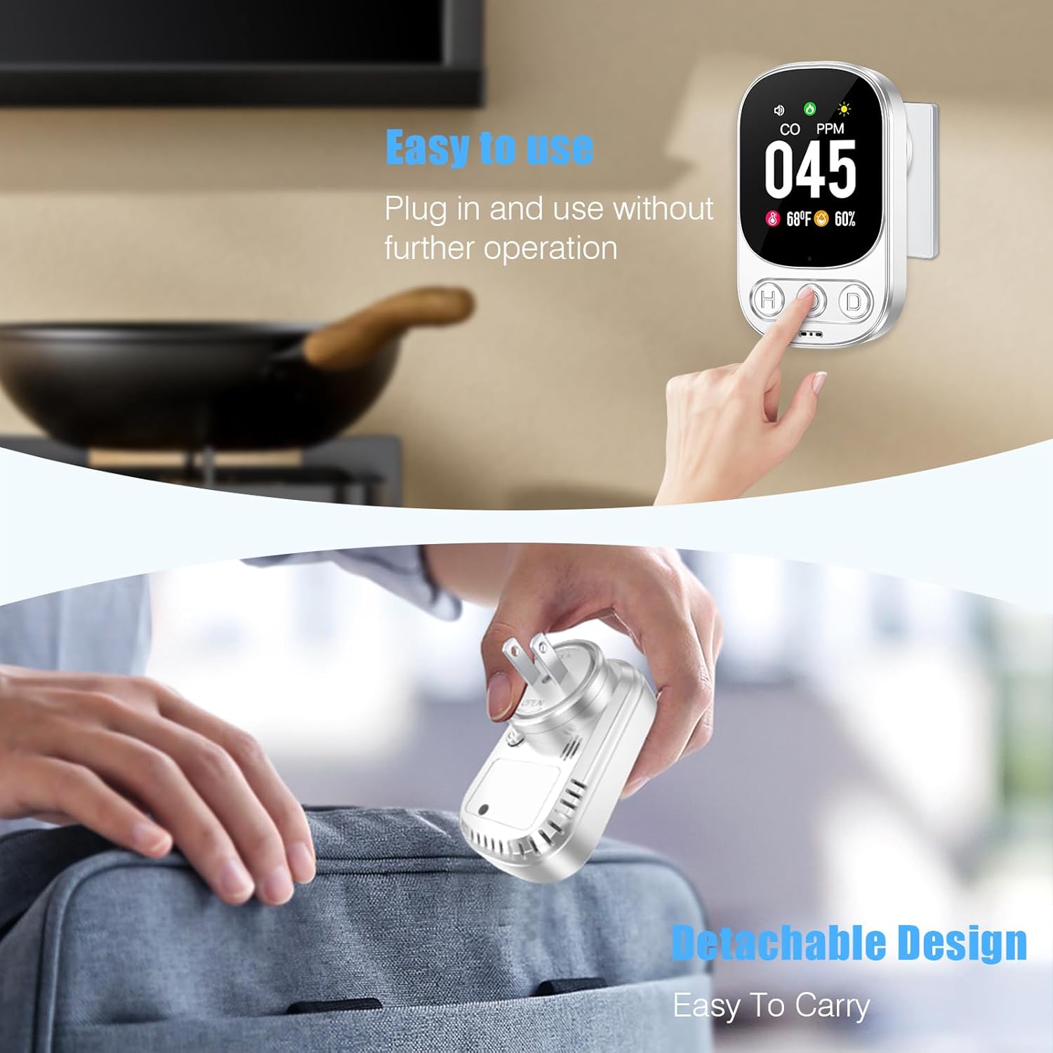 YOJOCK HD08 Carbon Monoxide Detector being plugged into an outlet and packed for travel