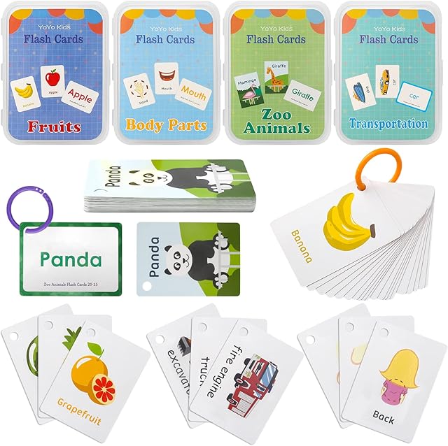 Flash Cards for Toddlers Educational Flash Cards 4 Pack Preschool Learning Flash Cards with Animals, Fruits, Transportation, Body Parts Waterproof Baby Flashcards for 2-6 Year Olds