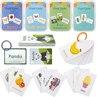 Flash Cards for Toddlers Educational Flash Cards 4 Pack Preschool Learning Flash Cards with Animals, Fruits, Transportation, Body Parts Waterproof Baby Flashcards for 2-6 Year Olds