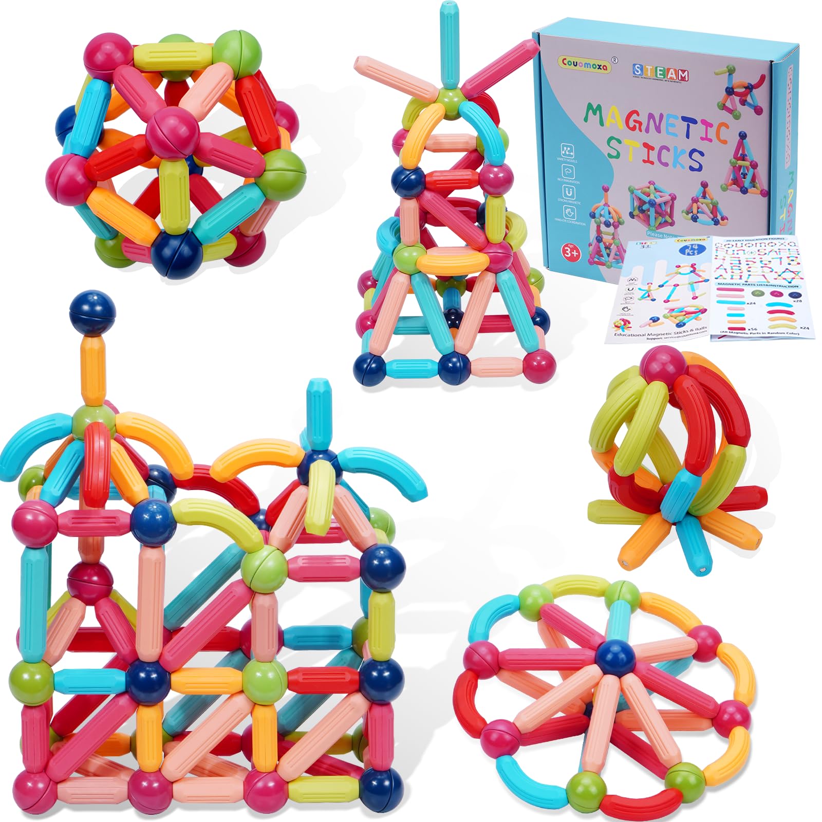COUOMOXA Magnetic Building Blocks STEM for Toddlers: 74pcs Montessori Magnet Toys for 3 4 5 6 7 8+ Years Old Kids - Sensory Toys for Preschool Gifts-Starter Set - Birthday Gift for Boys Girls
