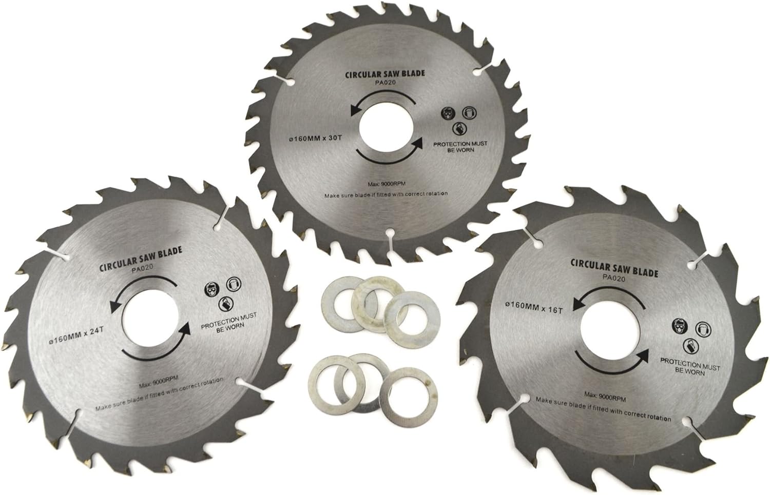 3pc 160mm TCT Circular Saw Blades 16/24/30 TPI & Adapter Rings Reducer TE858