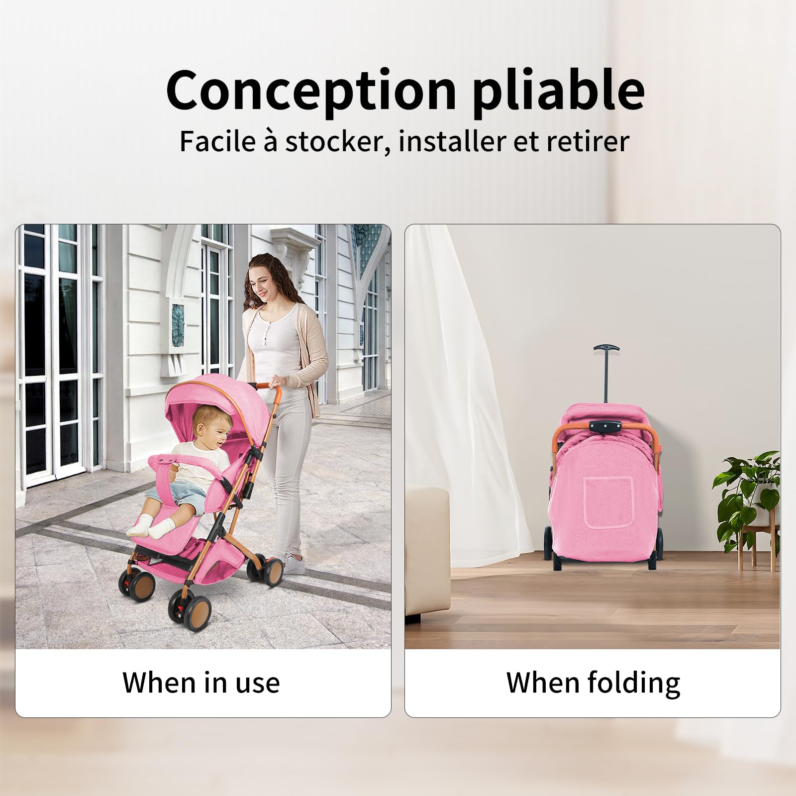 Poussette Pliable Multifonctionnelle, Dossier Réglable 175° Peut s'asseoir ou s'allonger, Auvent Ajustable, Roues Antichoc, 0-6 Ans, Avec coton et moustiquaire (Or Rose)