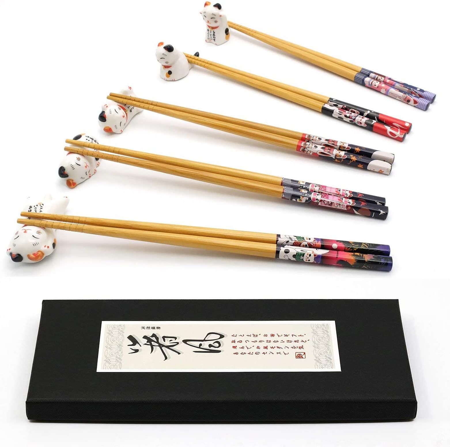 Chopsticks and Chopstick Rest Set, Cute Lucky Cat Chopsticks Holder 5 Cats, Classic Japanese Style Bamboo Natural Reusable, Chopsticks Holder Gift Set 5 Pairs Pairs (A)