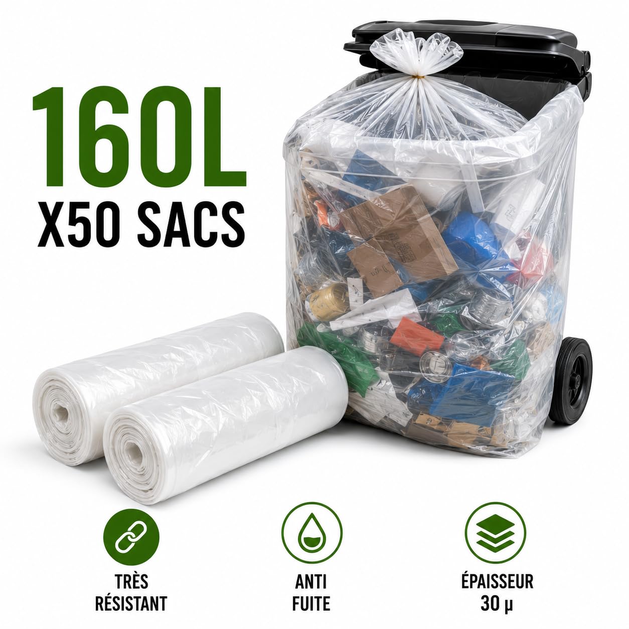 Sacco per la spazzatura trasparente, 160 litri, 50 sacchetti per la spazzatura 160 l, molto resistente (30 µ), per bidoni contenitore 2 ruote, triciclo selettivo rifiuti, protezione anti-perdite, anti