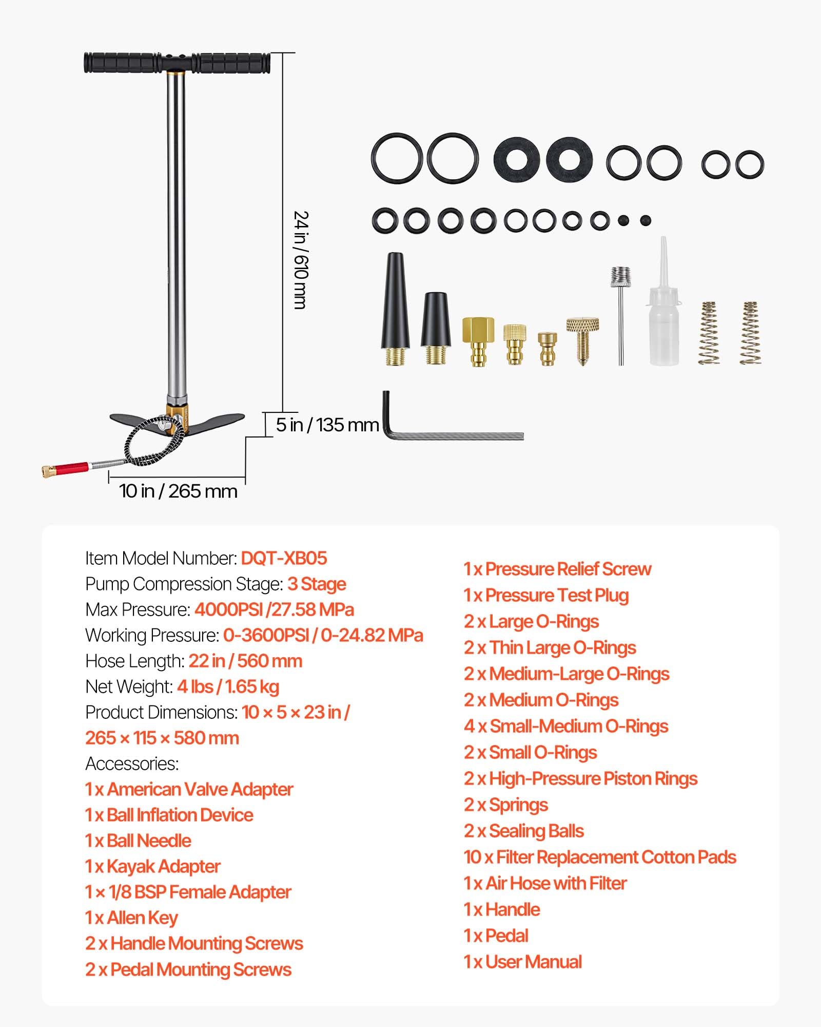 VEVOR PCP-Handpumpe 3-stufig, Hochdruckpumpe 25,82 MPa, Standpumpe mit Öl-Wasser-Filter, Manometer und Edelstahlgehäuse, für Luftgewehre, Paintball, Reifenbefüllung und Schlauchboote