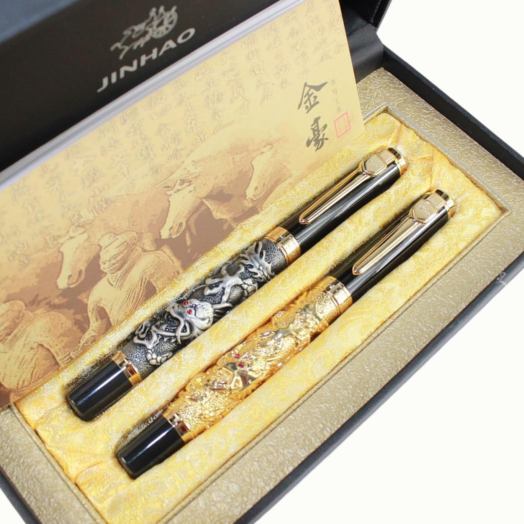 Gullor 2 pcs Jinhao Auspicious Dragon rollerball pen, antique silver & golden