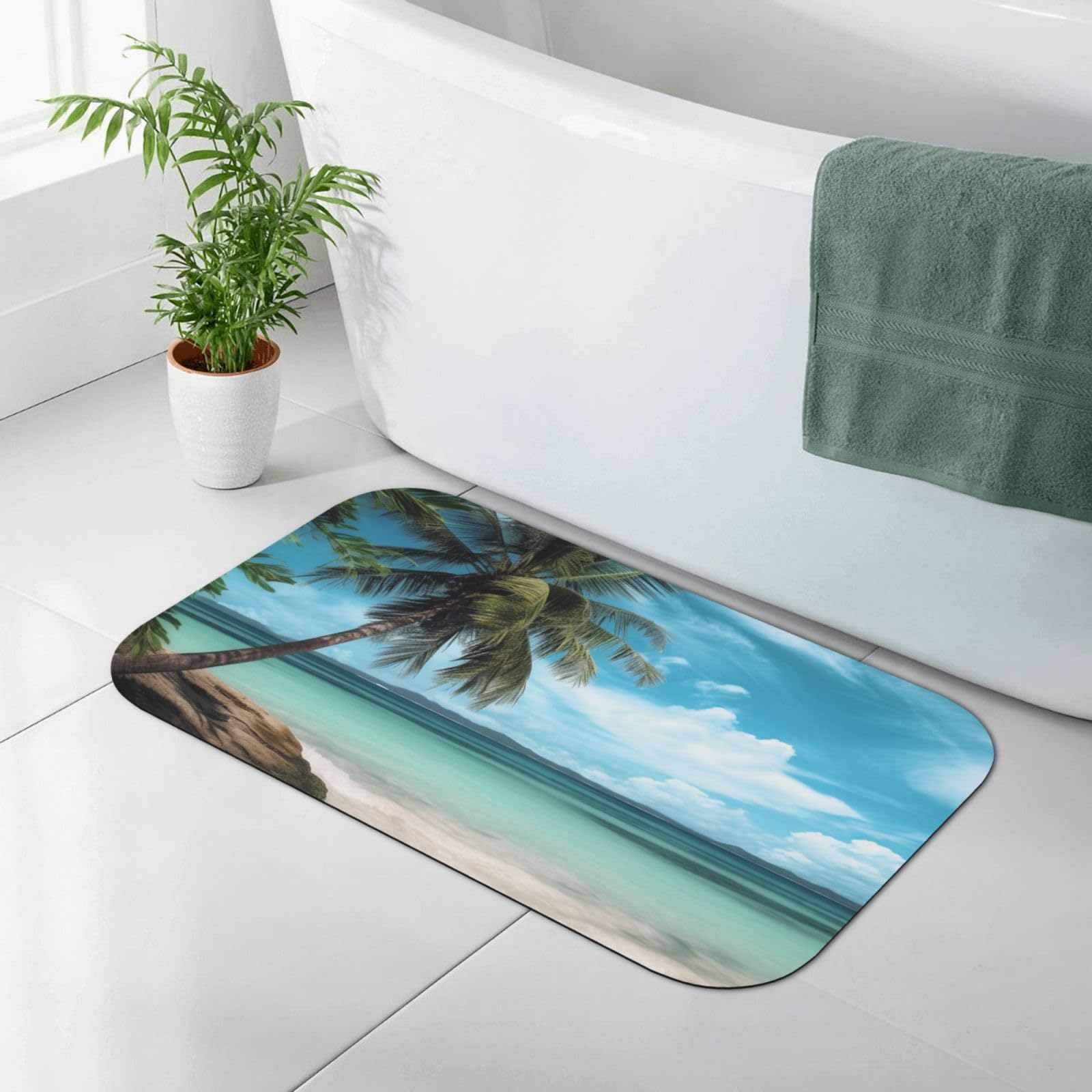 Tapis de bain antidérapant motif palmiers de plage 80x50 cm pour salle de bain