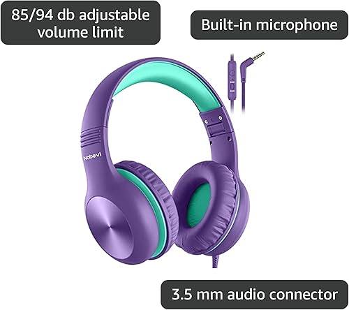 Miniatura 44 de Auriculares para niños con cable, auriculares sobre la oreja para niños con micrófono, límite de volumen de 85/94 dB, auriculares para niños y niñas