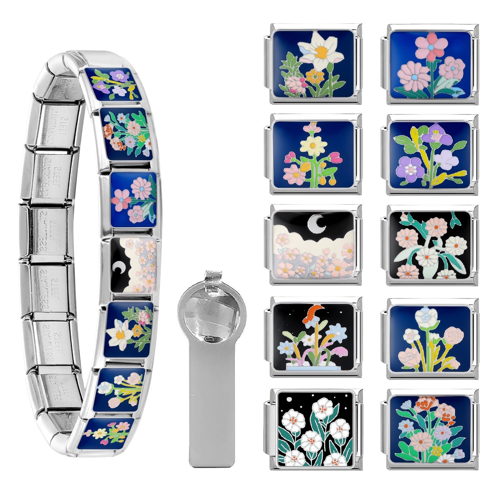 papasgix Italian Charm Bracelet Silver Set with Starter Brascelet Blue Flowers Assorted Charms and Opening Tools 9mm Modular Italian Charm Bracelet