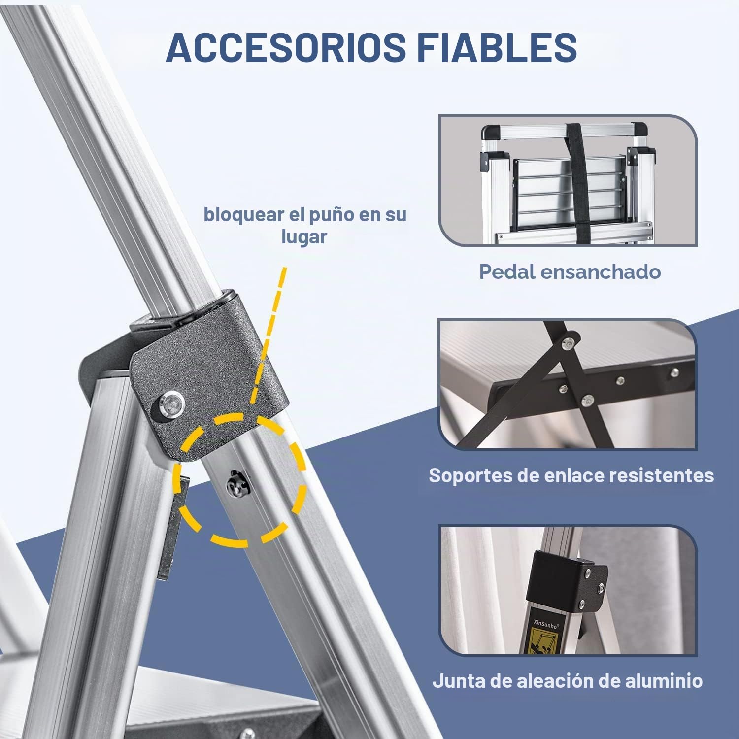 XinSunho Escalera 4 Peldaños Aluminio, Escalera Plegable con Pasamanos Extensible, Bandeja para Herramientas, Escalera de Tijera Antideslizante, Escalera Portátil para casa y Oficina, Carga Máx 150kg