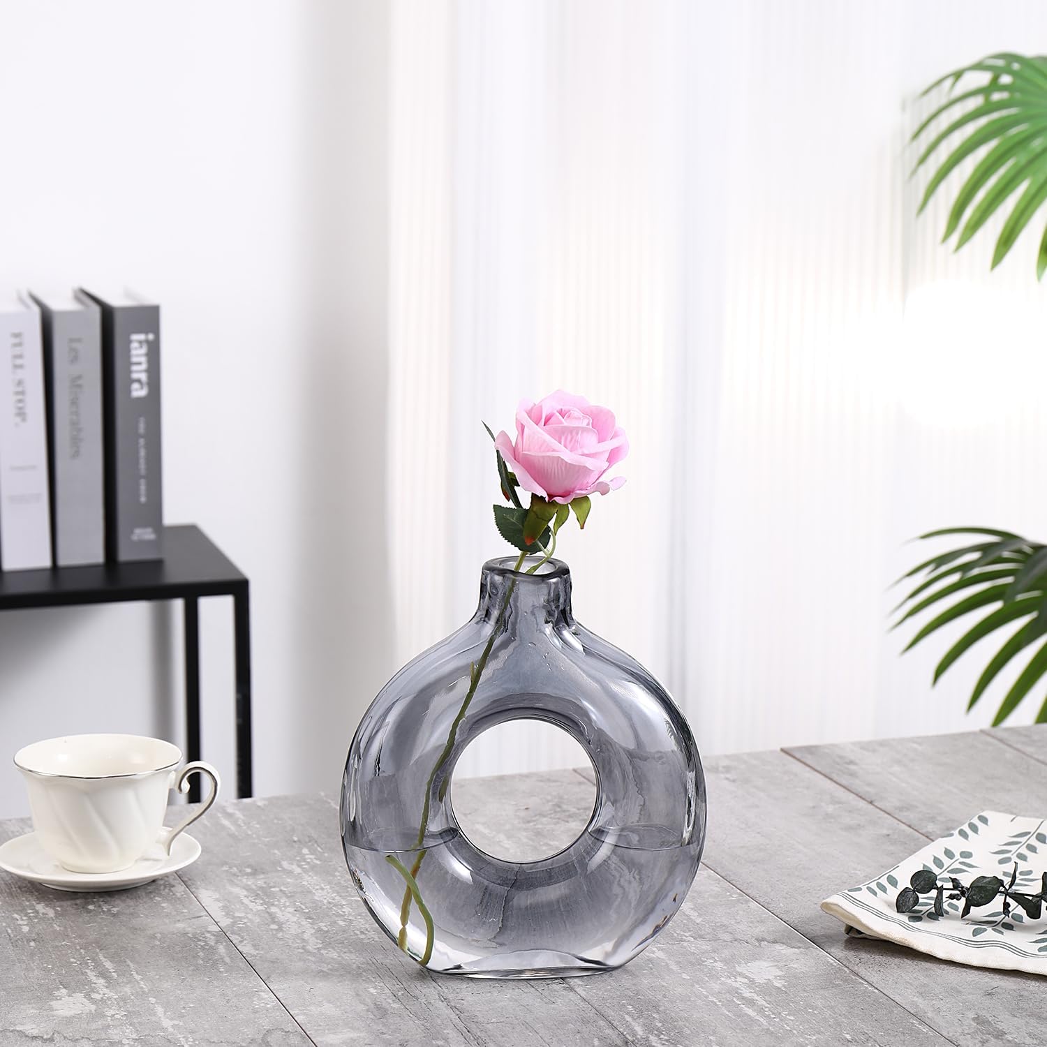 Glass Donut Vase, Grey Glass Vase, Flower Vase, Decorative Vase, Modern Vase, Round Glass Vases for Home, Living Room, Dining Table, Entryway, Mantle, Shelf, Wedding, Office, Coffee Table