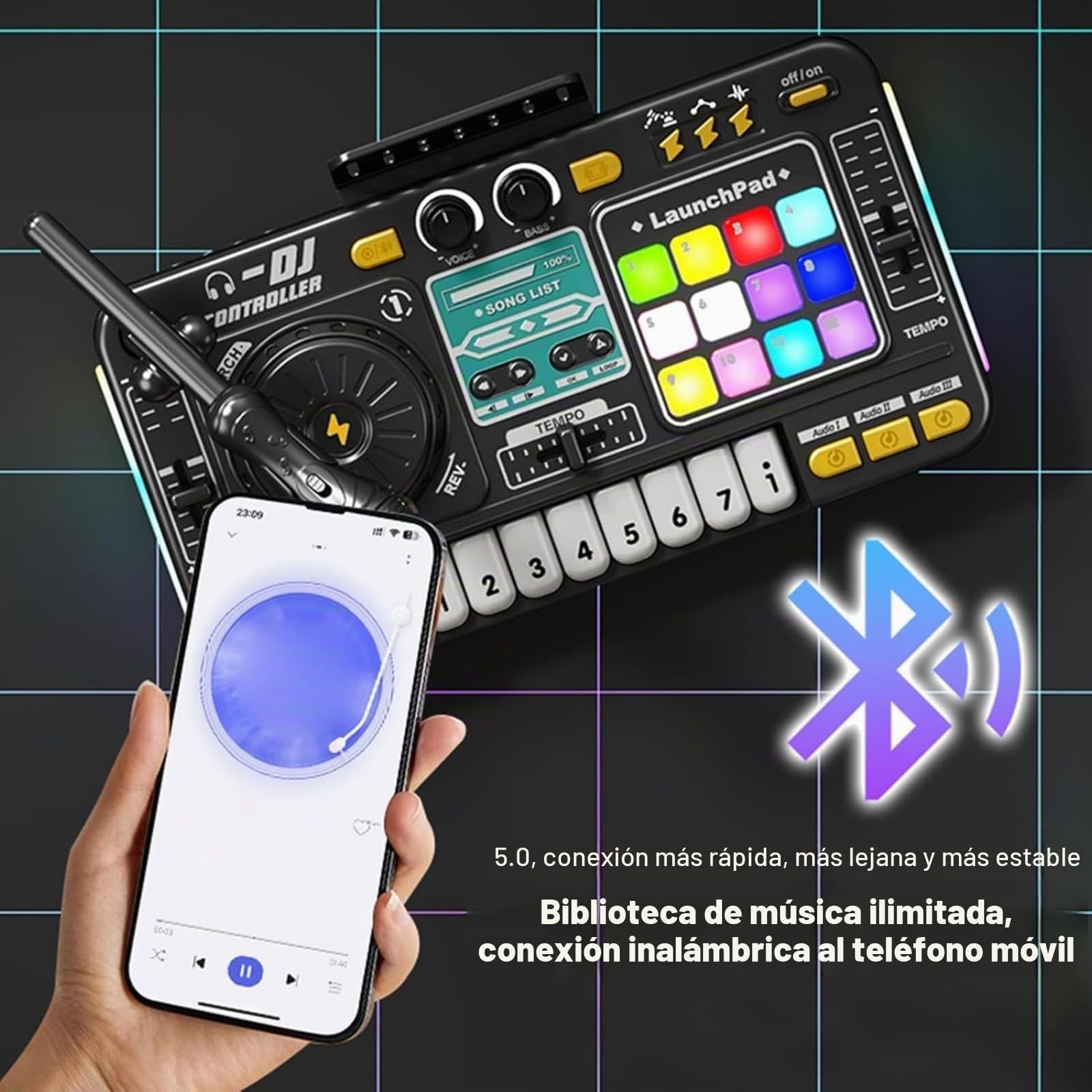 Mezclador de DJ para niños: mesa de teclado de carga USB portátil con luces coloridas, mezclador de aprendizaje de audio digital, juguete de instrumentos musicales | Regalo de entretenimiento educativ
