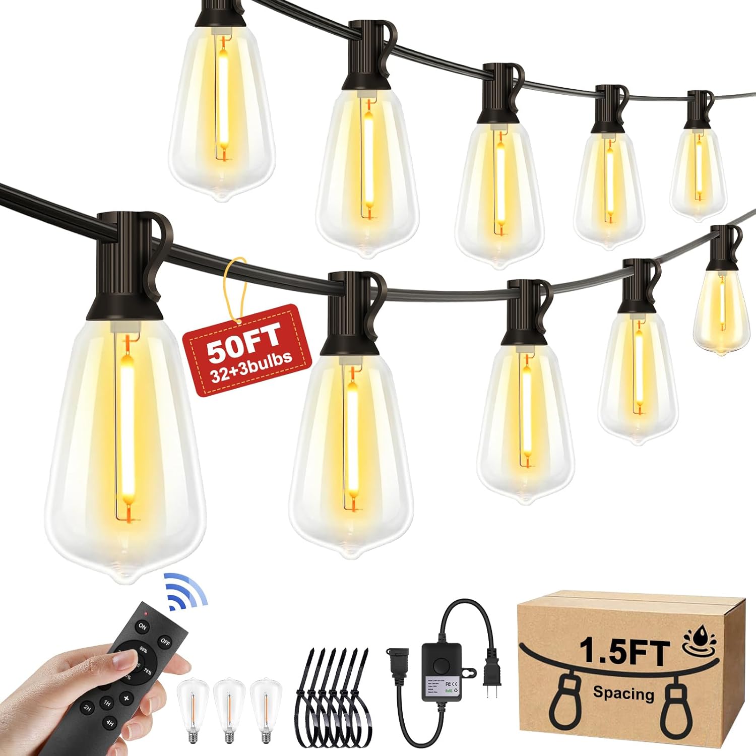 50FT Outdoor String Lights - 32+3 Bulbs (𝟏.𝟓𝐅𝐓 𝐁𝐮𝐥𝐛𝐬 𝐒𝐩𝐚𝐜𝐢𝐧𝐠) | Remote & Dimmer, 3 Light Modes & Timing, IP65 Waterproof, 50PC Mounting Ties for Patio/Outside/Commercial