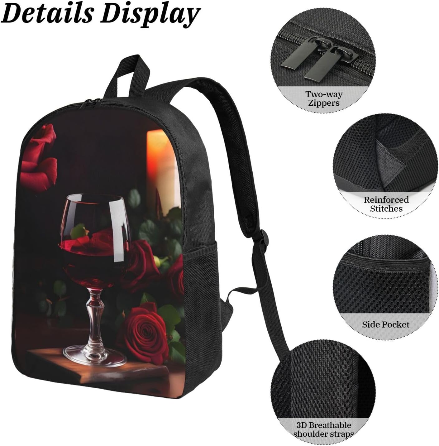 Red Wine Rose and Candle print 3 Piece Backpack Bags with Lunch Box Pencil Case Set for Travel Work Camping Unisex