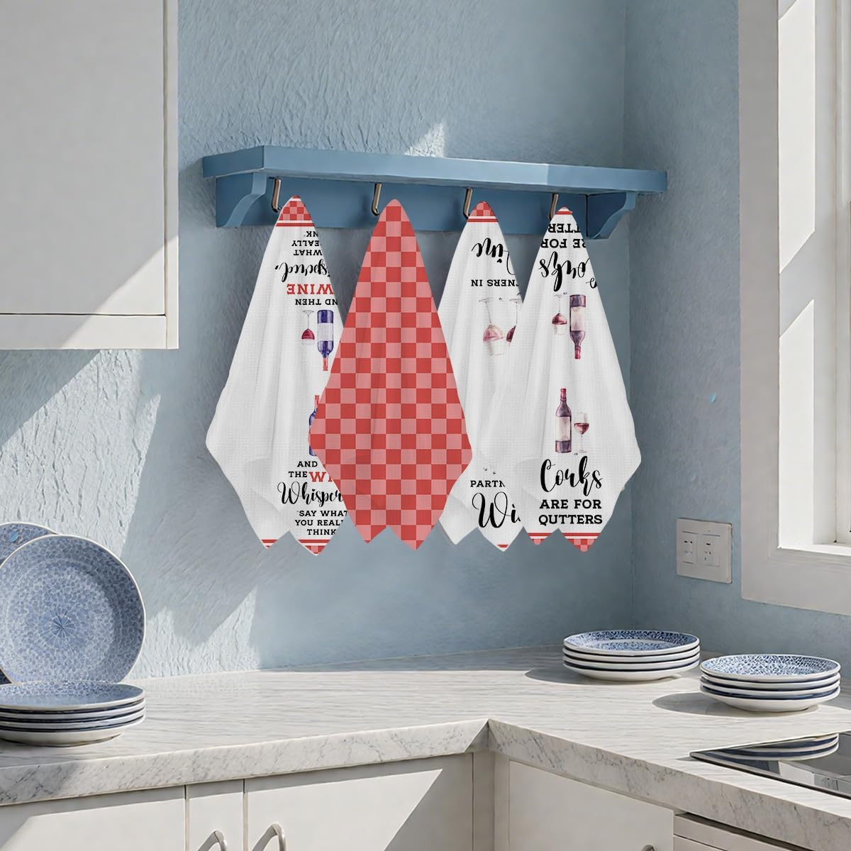 4Pcs Funny Kitchen Towels 24x14 Inch, The Wine Whispered, Red Checkered Waffle Hand Towels for Kitchen Home, Absorbent Soft Microfiber Dish Cloth Tea Towel, Wine Lovers Gifts for Women - Image 3