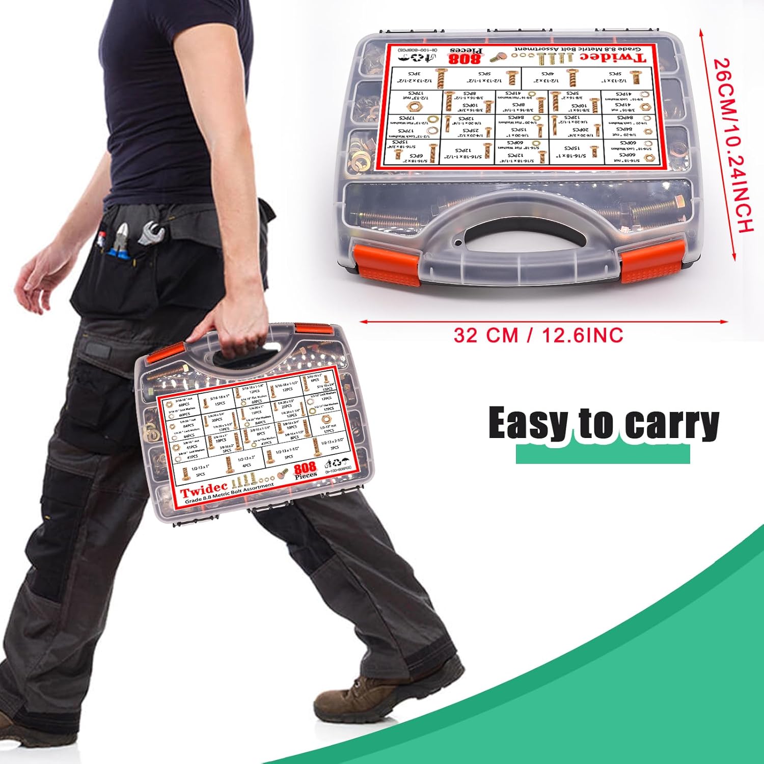 Twidec/808pcs Grade 8.8 Hex Head Nuts and Bolts Assortment Kit,SAE Bolt Assortment, 1/4-20 5/16-18 3/8-16 1/2-13 SAE Heavy Duty Bolts and Nuts Kit, Flat & Spring Lock Washer Gold Zinc Plating