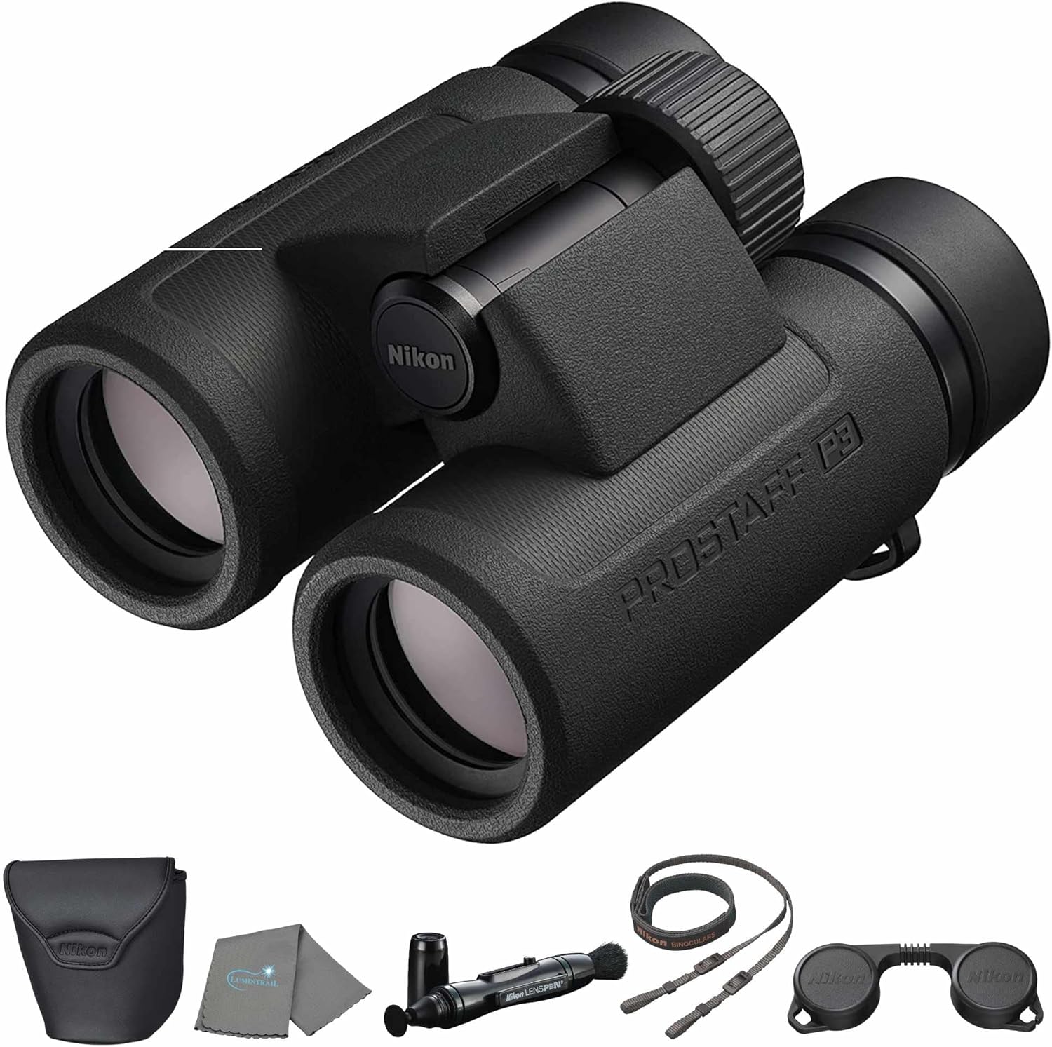Nikon Prostaff P3 10×42 (16777) Black Binoculars Bundle with Lens Pen, and Cloth – High Powered Compact Adult Binoculars for Hunting, Bird Watching, and Hiking Essentials, Zoom Lightweight Travel