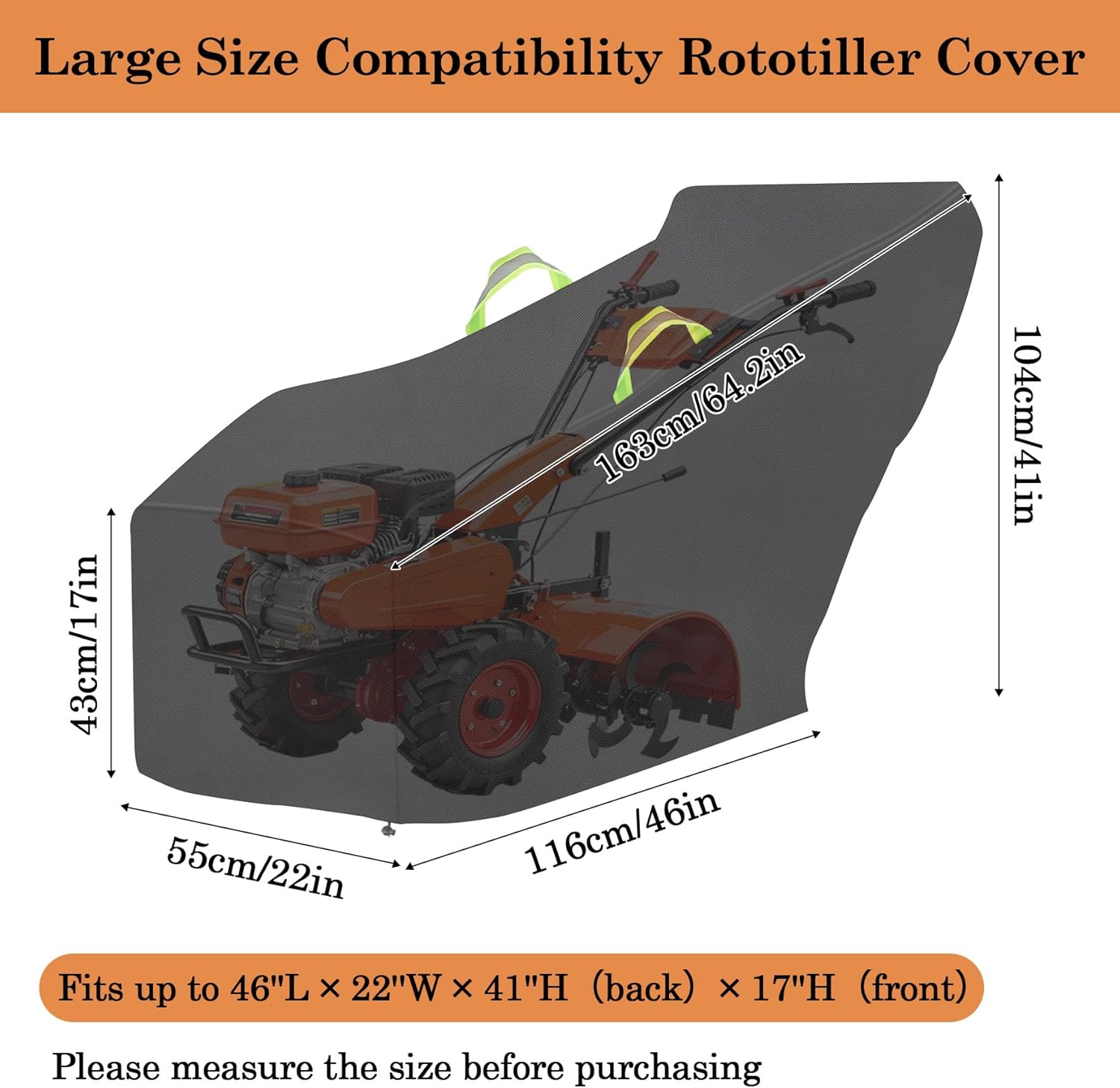 Klmnop Rototiller Cover Waterproof 420D Oxford Fabric Universal Fit for Rear Tine Tiller Accessories 46L x 22W x 17H(Front) Dustproof UV Resistant Tear-Resistant Protective(Black)