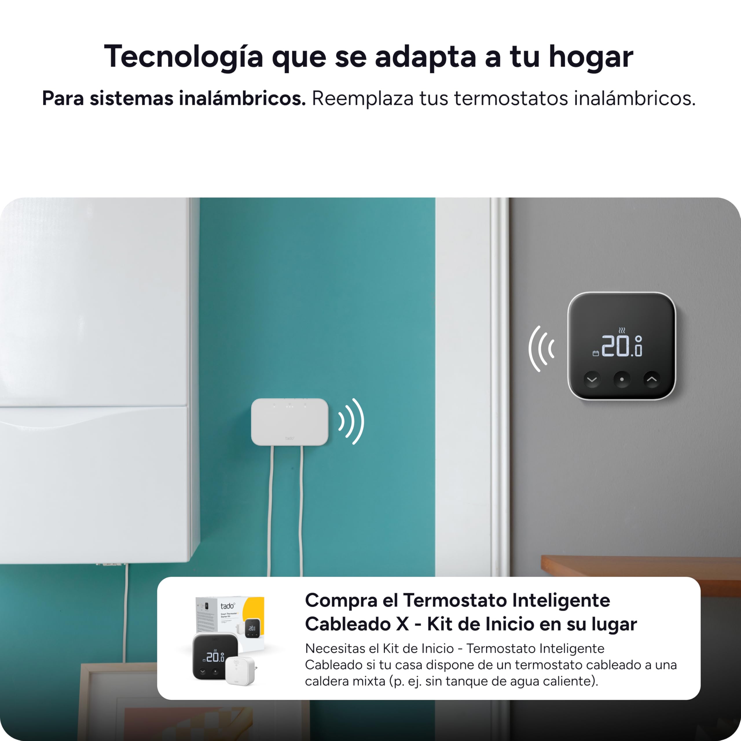 tado° Termostato Inteligente Cableado X - Kit de Inicio con base, para calderas de gas y bombas de calor (relé/OpenTherm). Control por app o altavoz inteligente (Alexa, Siri, Google Assistant) | Compatible con calderas y bombas de calor, relé, OpenTherm,
