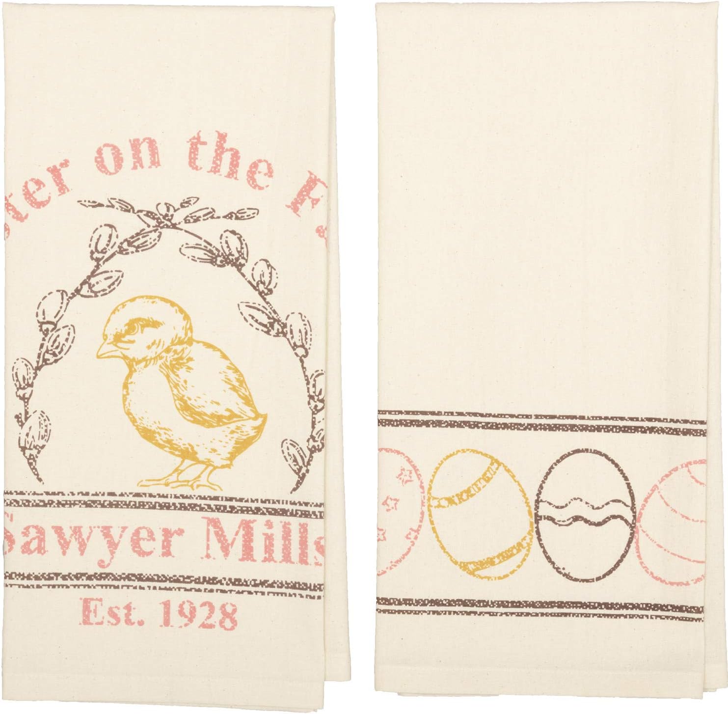 VHC Brands Sawyer Mill Easter Greetings Chick, Cotton Kitchen Towel Set of 2, 19x28