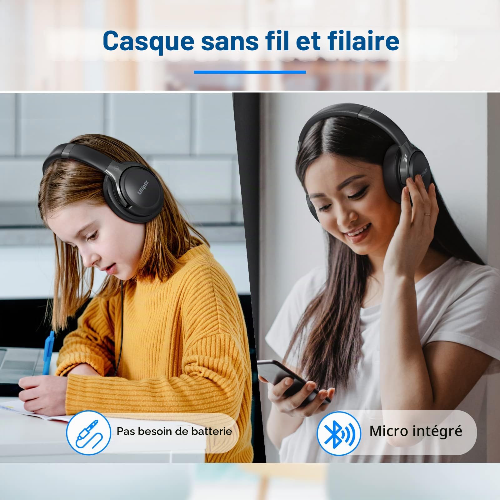 Uliptz Casque Bluetooth sans Fil, 65 Heures de d’écoute, 6 EQ du Son Modes, Casque stéréo HiFi avec Microphone, Pliable léger Casque Bluetooth 5.3 pour Voyage/Travailler/Téléphoner/PC