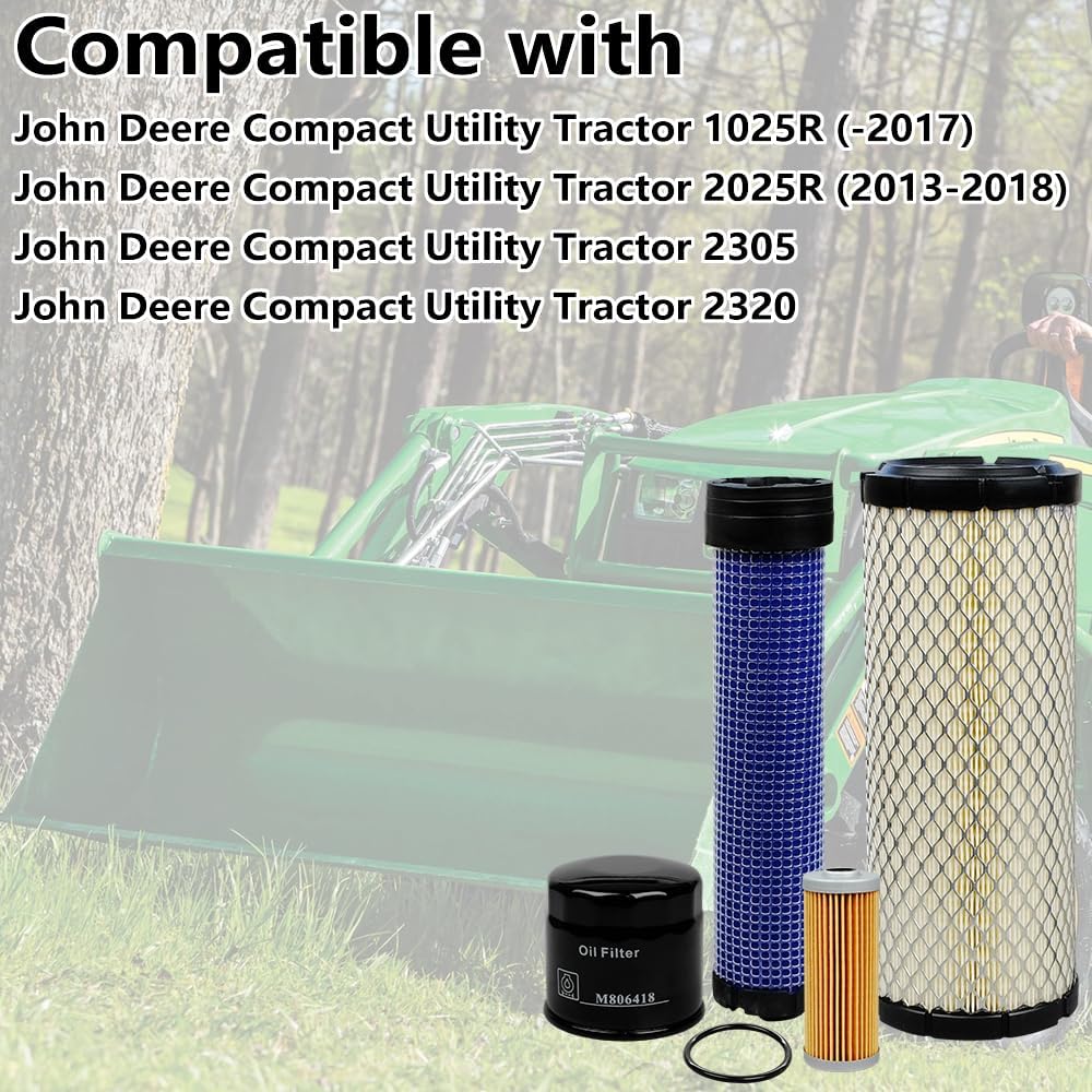 Filter Service Kit Suitable for John Deere 1025R (-2017), 2025R (2013-2018), 2305 2320 Compact Utility Tractor M806418 M801101 M131802 M131803 Engine Air Fuel Oil Filter Set