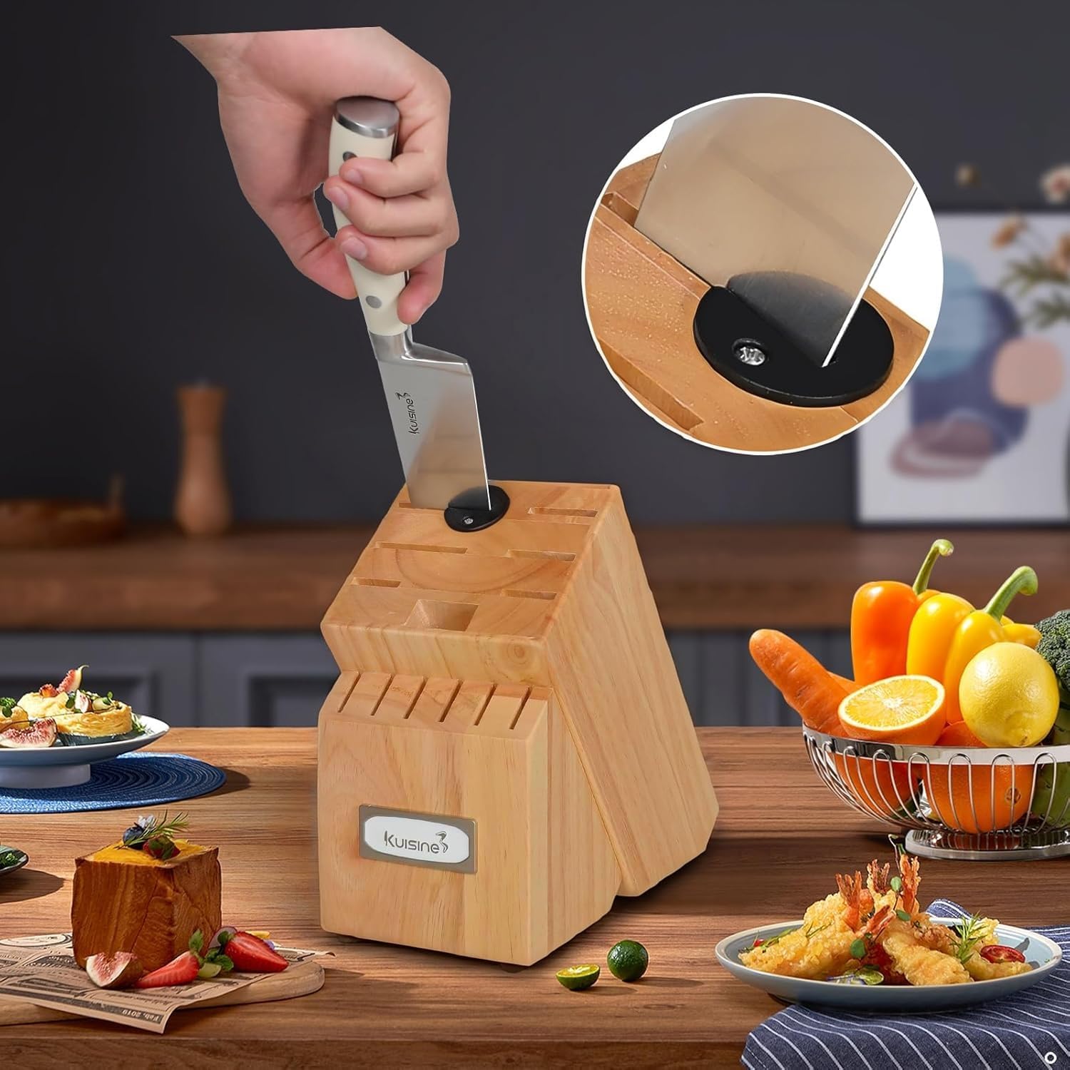 Kuisine Premium Chef Knife Set,High Carbon Stainless Steel Razor-Sharp Blade Ergonomic Handle,Knife Block Set with Built-in Sharpener,Elegant Gift for Holiday(Ivory Pro Acacia,15PCS)