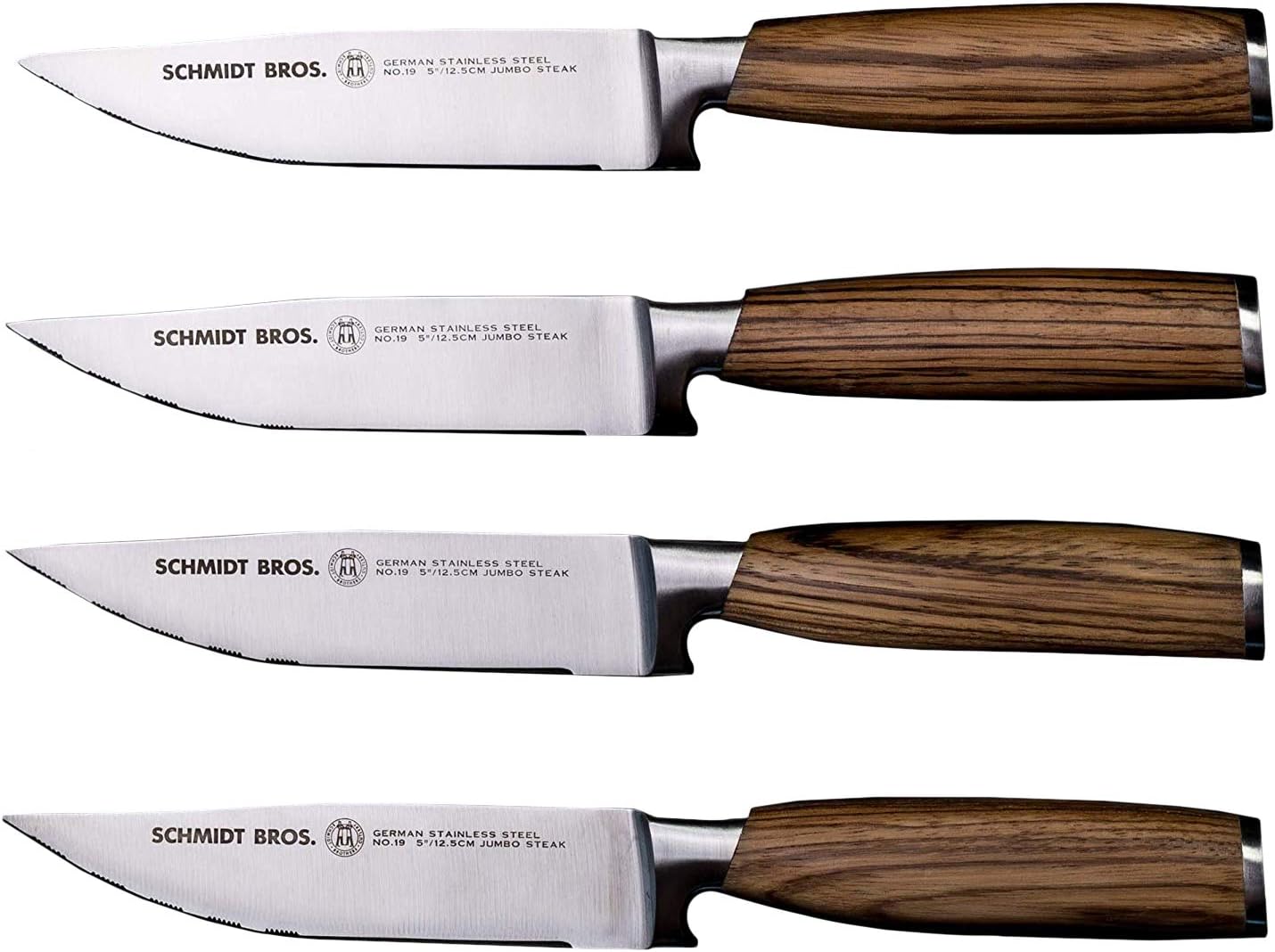 Schmidt Brothers - Zebra Wood 4-Piece Jumbo Steak Knife Set, High-Carbon German Stainless Steel Cutlery in a Wood Gift Box