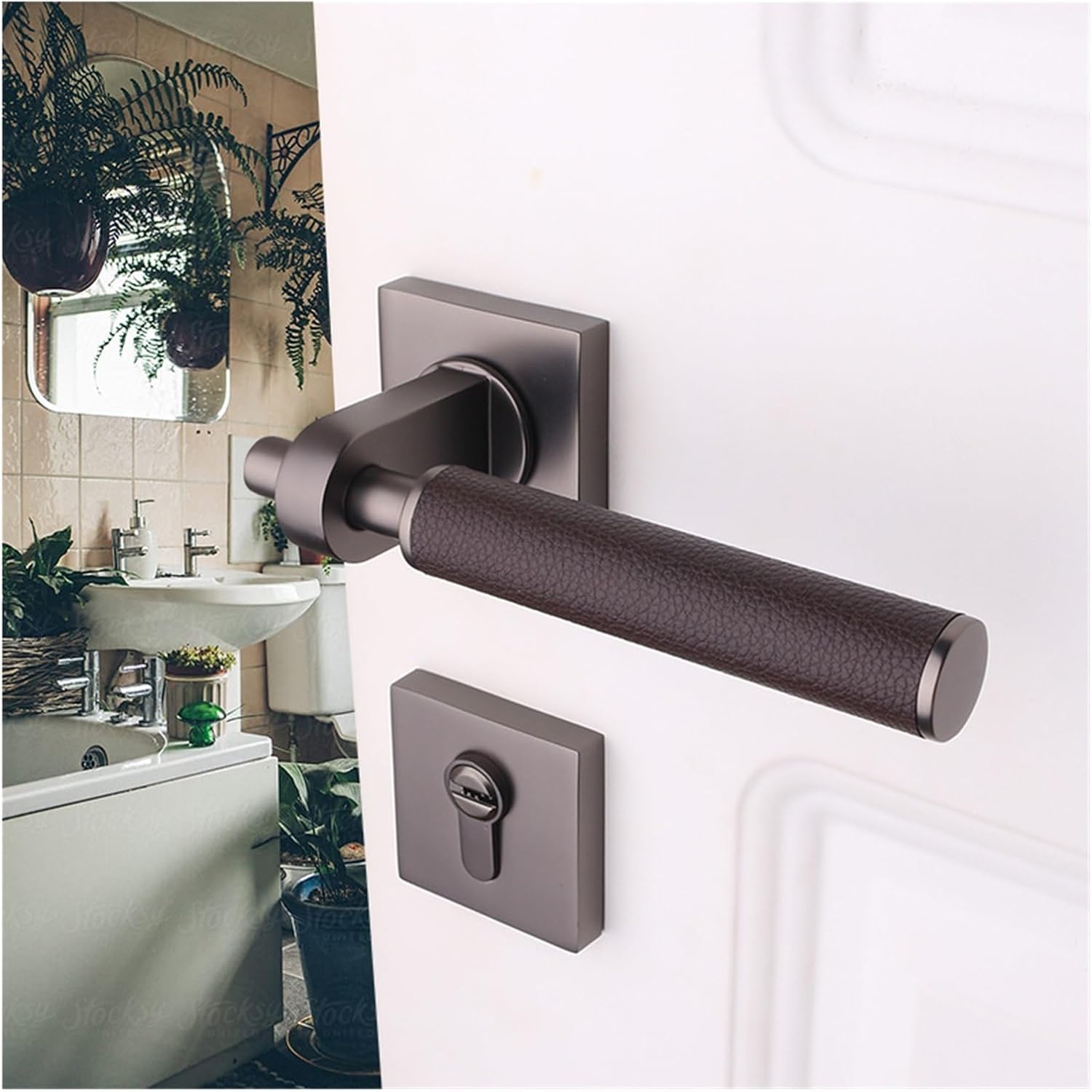 Gray Black Door Lock American Simple Indoor Nordic Room Door Lock Yellow Bronze Bedroom Magnetic Silent Door Lock Split Lock(Gray Black Genuine Leather)