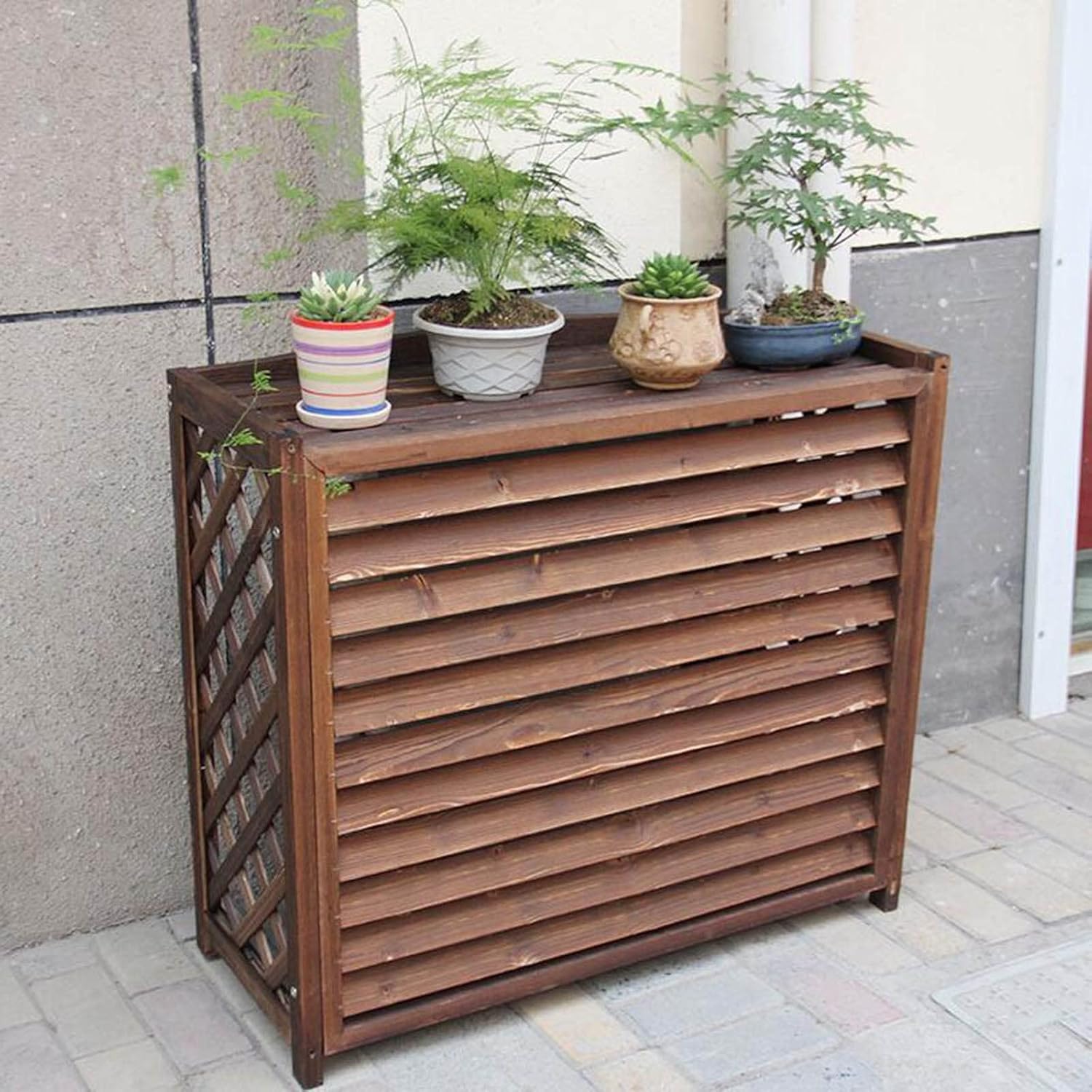 Air Conditioner Cover,Solid Wood Grid Air Conditioner Flower Stand, Outdoor Privacy Screen Freestanding Air Conditioning Rack, Shutter Design Air Conditioner Fence for Outside Units
