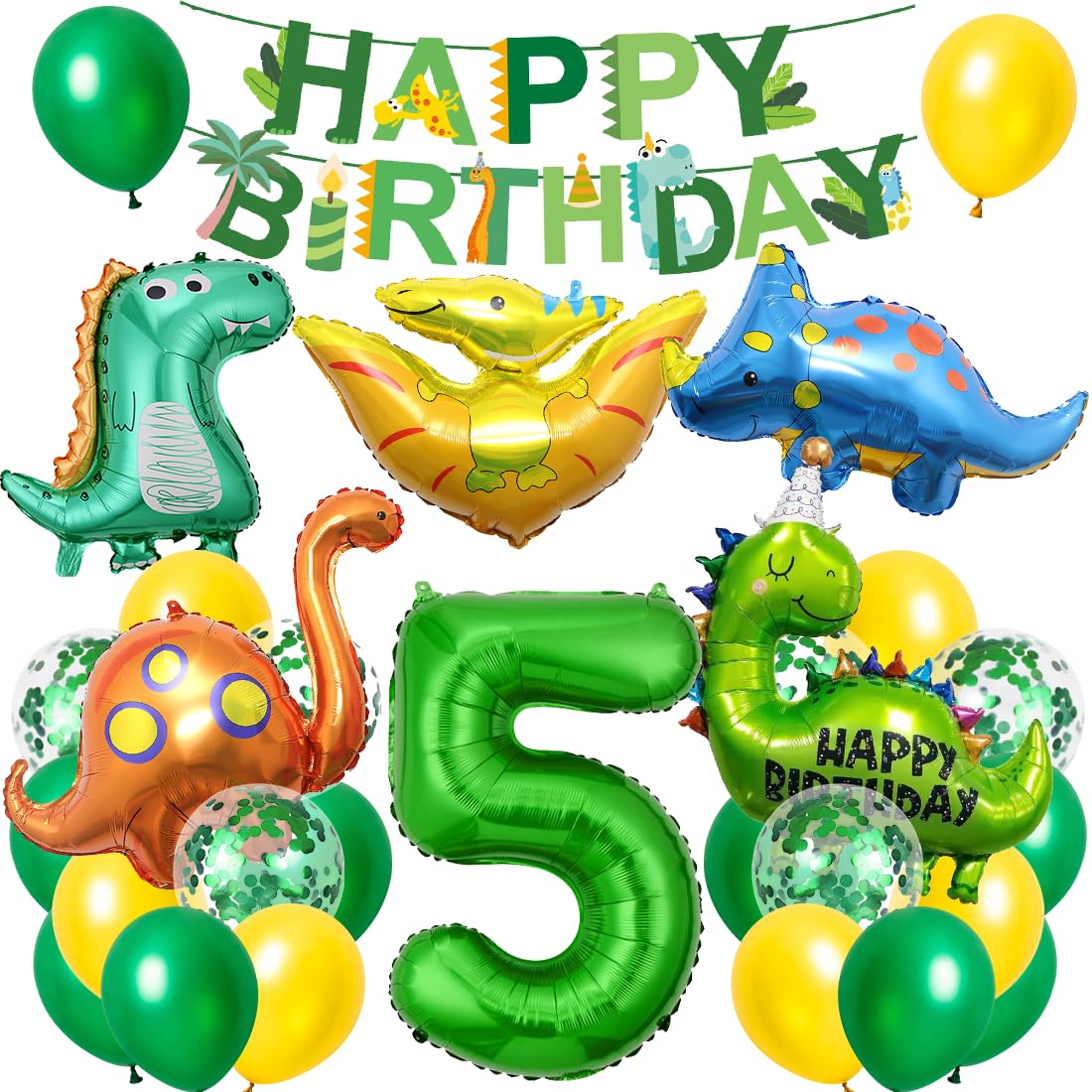 Dino Geburtstag Deko 5 Jahre, XXL Dinosaurier Deko Kindergeburtstag, Geburtstagsdeko Jungen 5 Jahre, Folienballon Dino 5 mit Happy Birthday Banner für Dinosaurier Party Kindergeburtstag