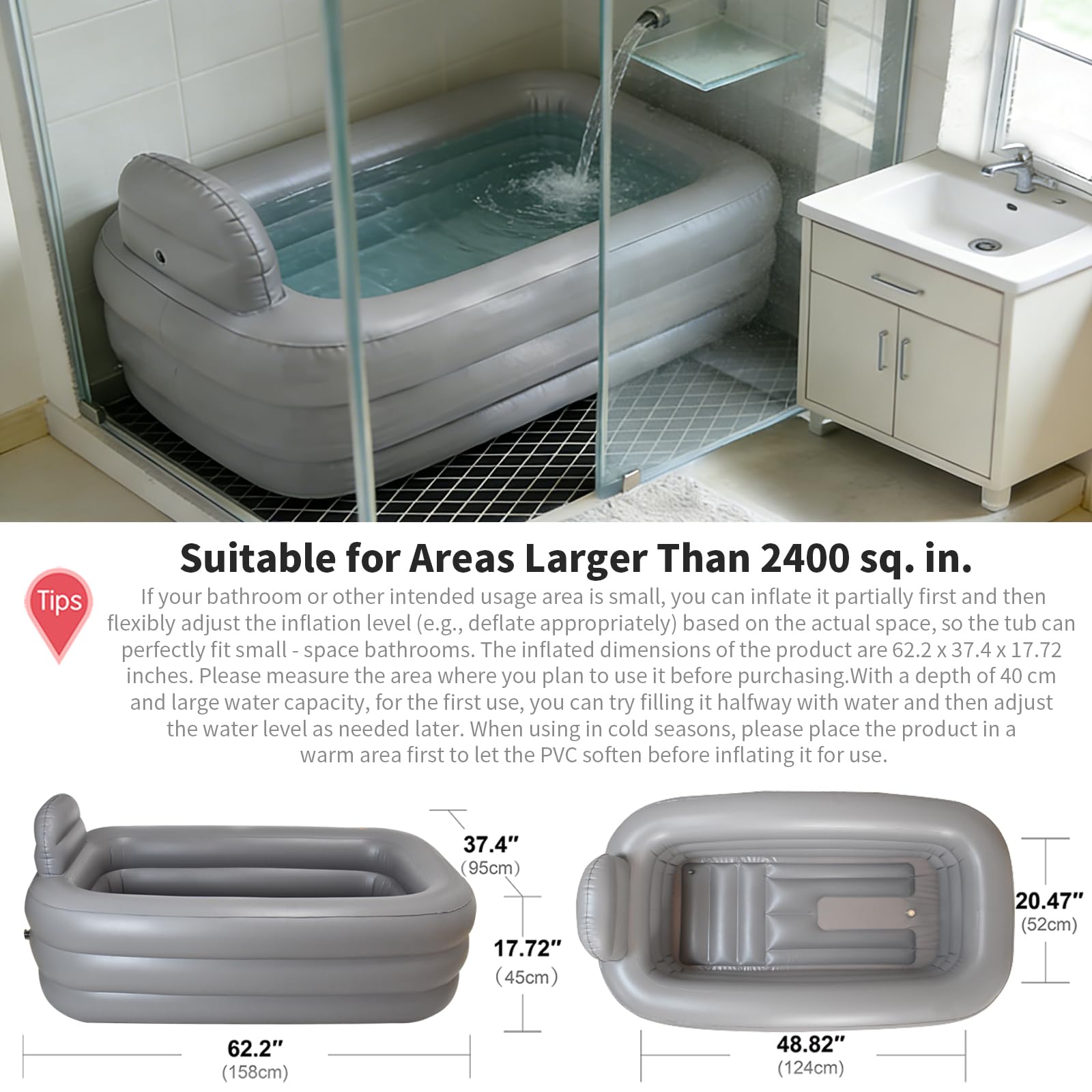 Baignoire Gonflable Adulte,Spa Portable Gris Clair pour Détente à Domicile,Idéale pour Douche et Intérieur,Baignoire Pliable pour Bain Chaud & Bain Froid,Pompe Incluse 158 x 95 x 45 cm