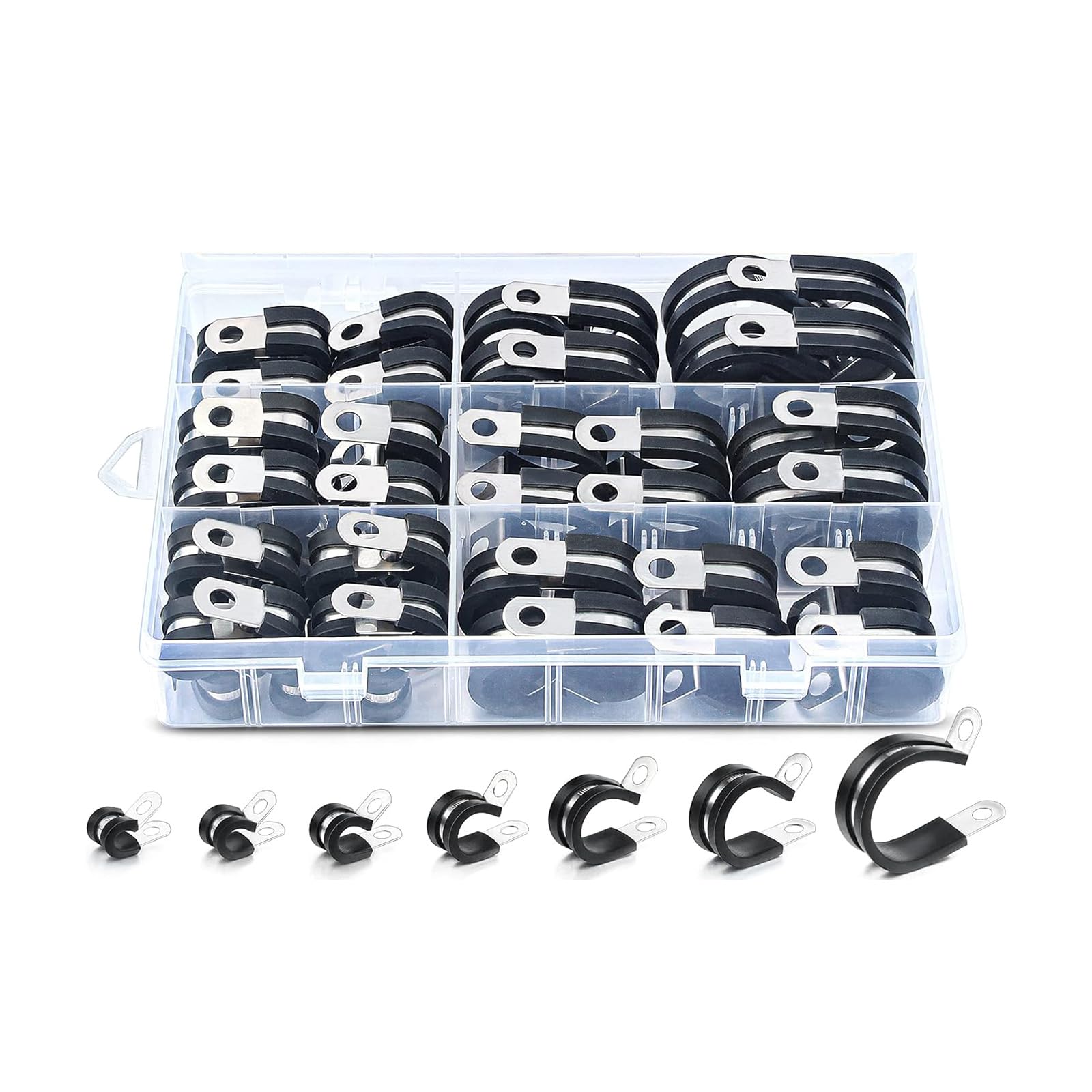Assortimento di morsetti per cavi da 60 pezzi per l'installazione di tubi e fili. Clip in acciaio inox imbottita con viti